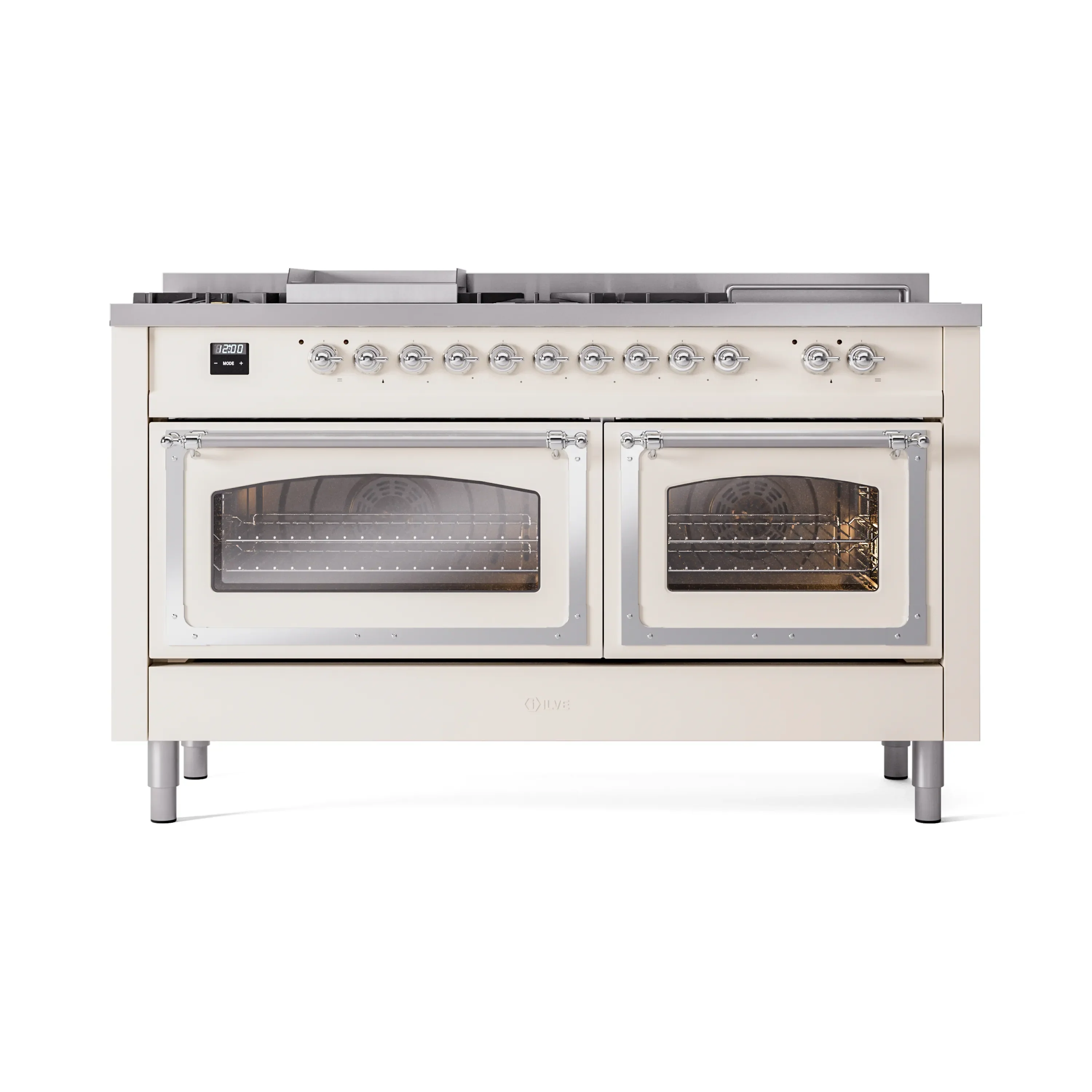 ILVE 60-Inch Nostalgie II Noblesse Natural Gas Dual Fuel Range with 7 Sealed Burners, Griddle, French Top and Triple Glass Door Oven in Antique White with Chrome Trim (UN60FSNMPAWC) - Image 2