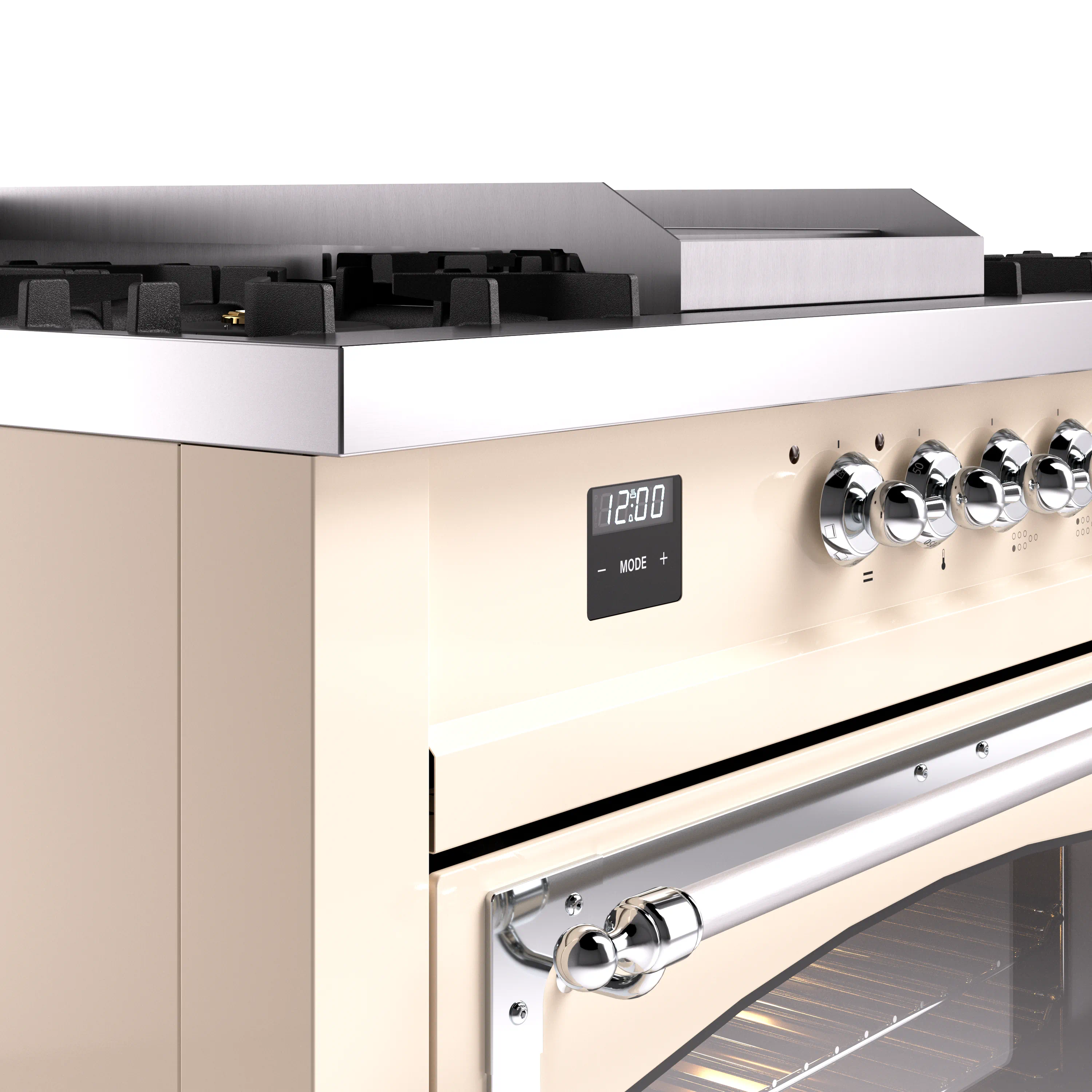 ILVE 60-Inch Nostalgie II Noblesse Natural Gas Dual Fuel Range with 7 Sealed Burners, Griddle, French Top and Triple Glass Door Oven in Antique White with Chrome Trim (UN60FSNMPAWC) - Image 3