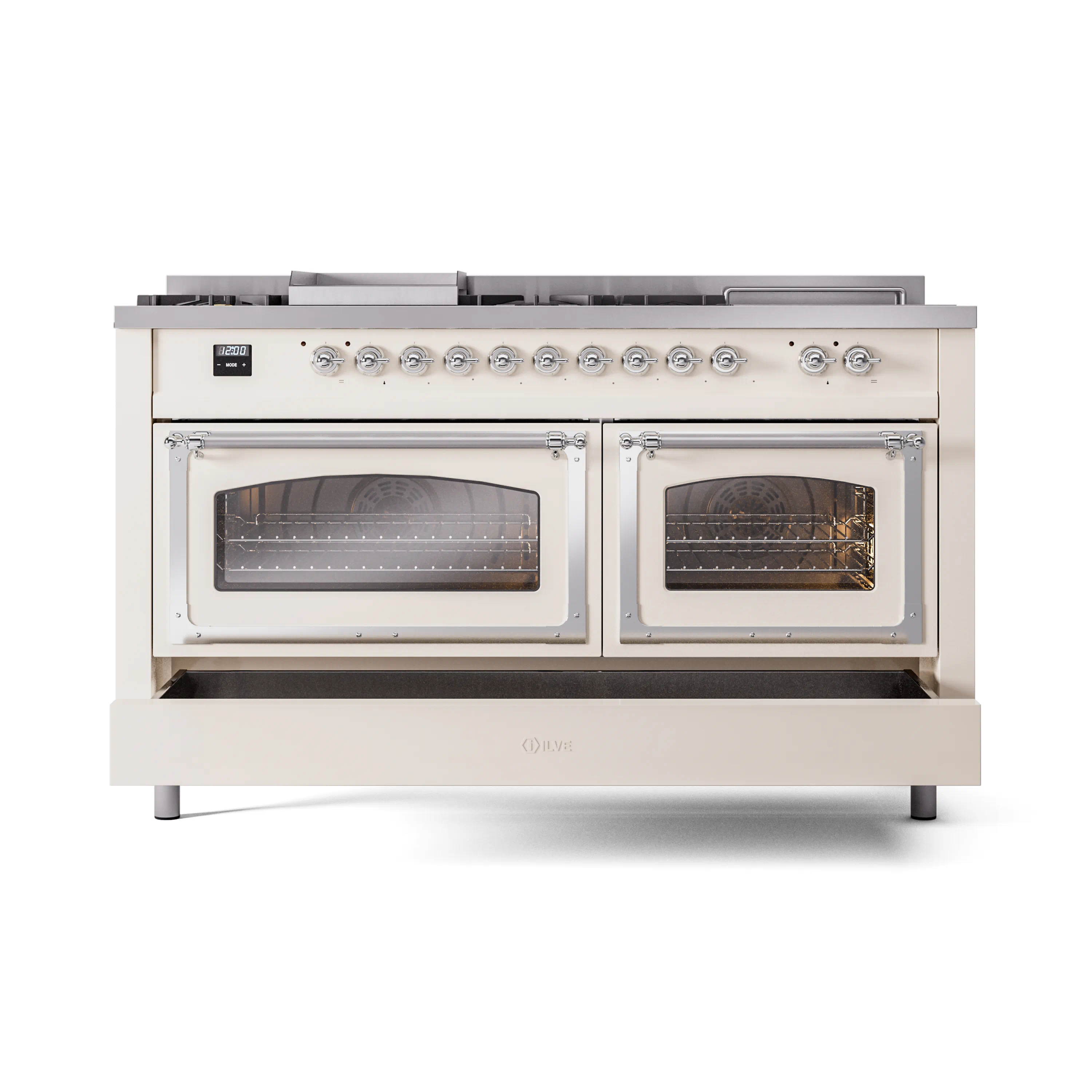 ILVE 60-Inch Nostalgie II Noblesse Natural Gas Dual Fuel Range with 7 Sealed Burners, Griddle, French Top and Triple Glass Door Oven in Antique White with Chrome Trim (UN60FSNMPAWC) - Image 6