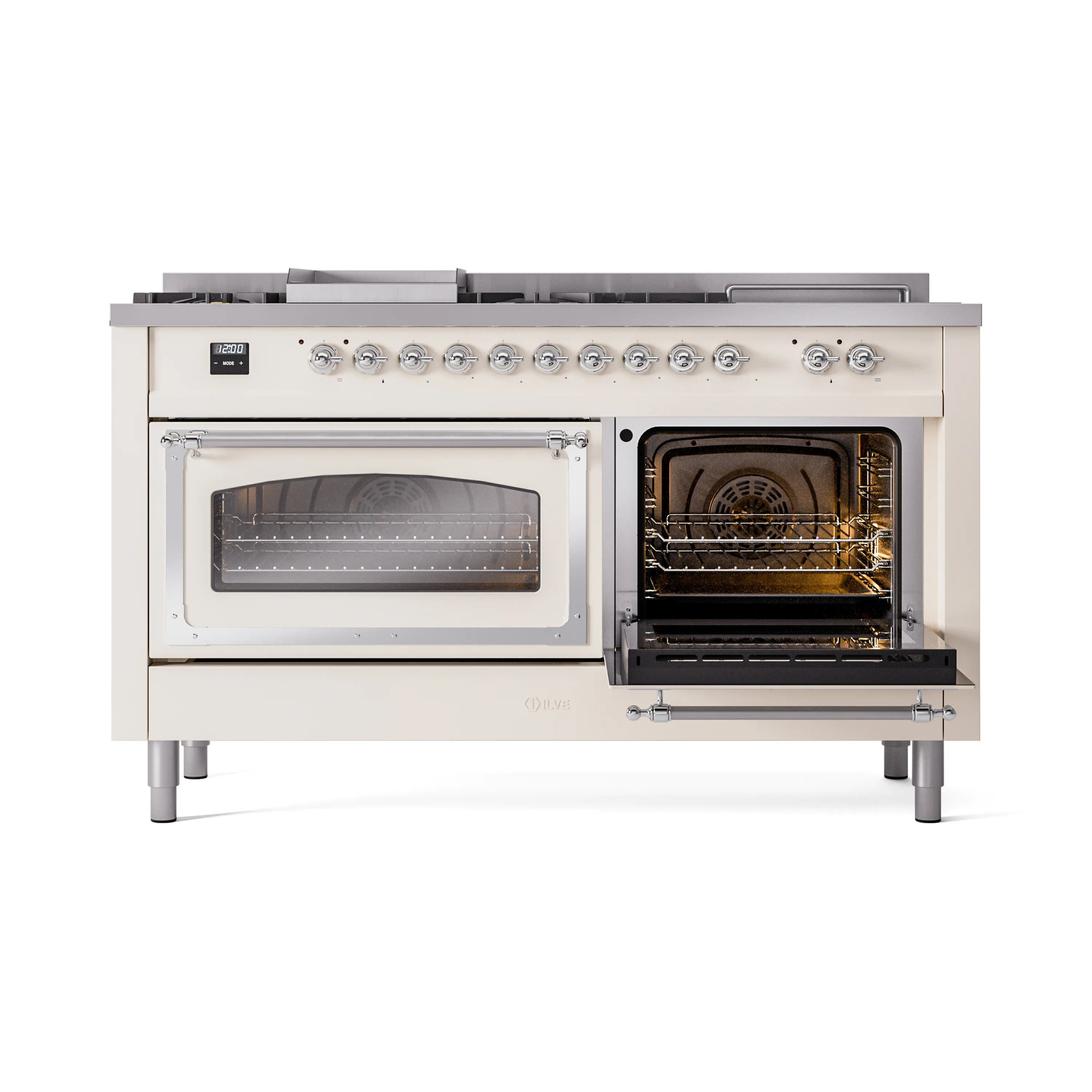 ILVE 60-Inch Nostalgie II Noblesse Natural Gas Dual Fuel Range with 7 Sealed Burners, Griddle, French Top and Triple Glass Door Oven in Antique White with Chrome Trim (UN60FSNMPAWC) - Image 7