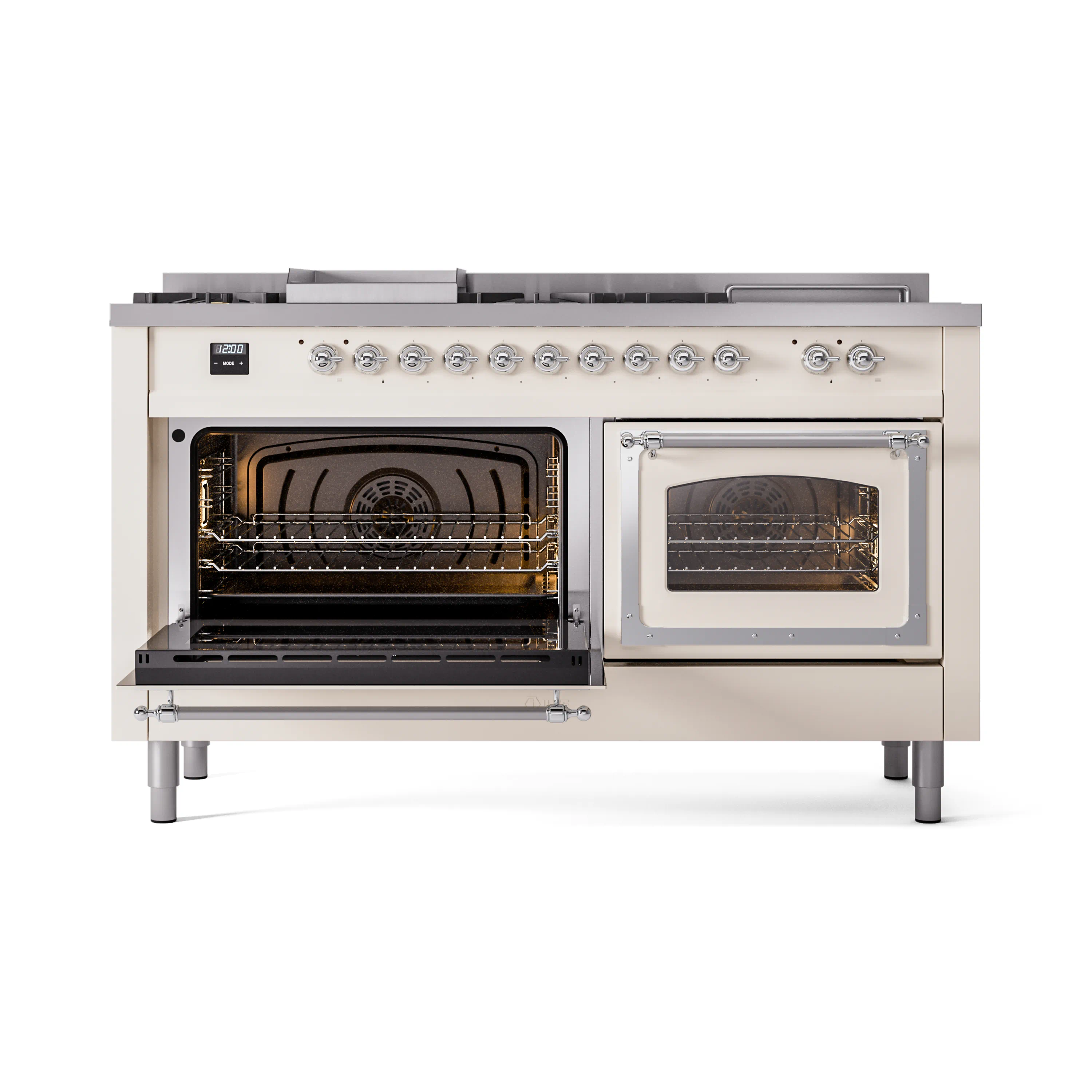 ILVE 60-Inch Nostalgie II Noblesse Natural Gas Dual Fuel Range with 7 Sealed Burners, Griddle, French Top and Triple Glass Door Oven in Antique White with Chrome Trim (UN60FSNMPAWC) - Image 8