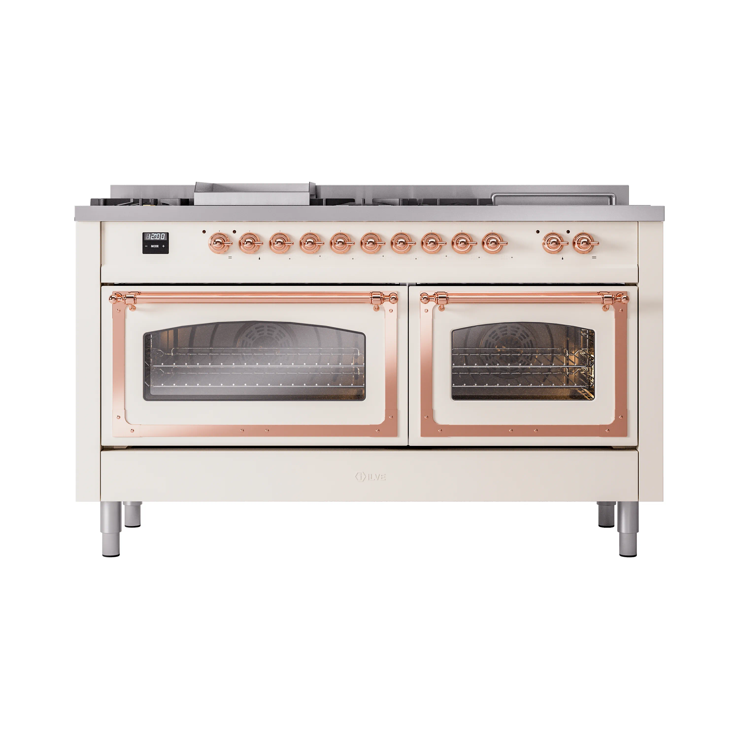 ILVE 60-Inch Nostalgie II Noblesse Natural Gas Dual Fuel Range with 7 Sealed Burners, Griddle, French Top and Triple Glass Door Oven in Antique White with Copper Trim (UN60FSNMPAWP) - Image 2