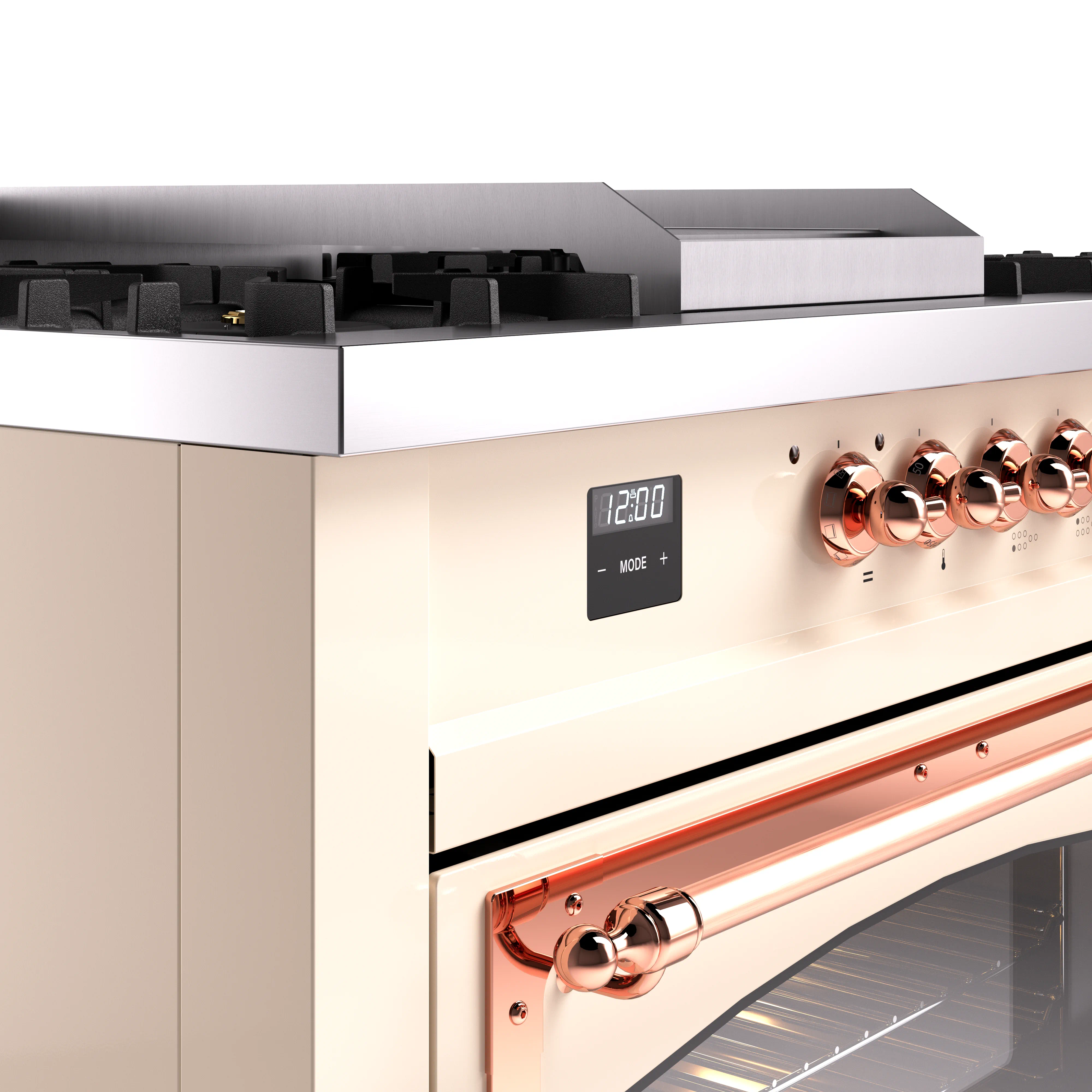 ILVE 60-Inch Nostalgie II Noblesse Natural Gas Dual Fuel Range with 7 Sealed Burners, Griddle, French Top and Triple Glass Door Oven in Antique White with Copper Trim (UN60FSNMPAWP) - Image 3
