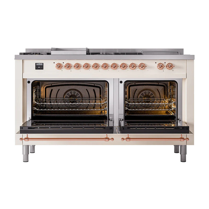 ILVE 60-Inch Nostalgie II Noblesse Natural Gas Dual Fuel Range with 7 Sealed Burners, Griddle, French Top and Triple Glass Door Oven in Antique White with Copper Trim (UN60FSNMPAWP) - Image 5