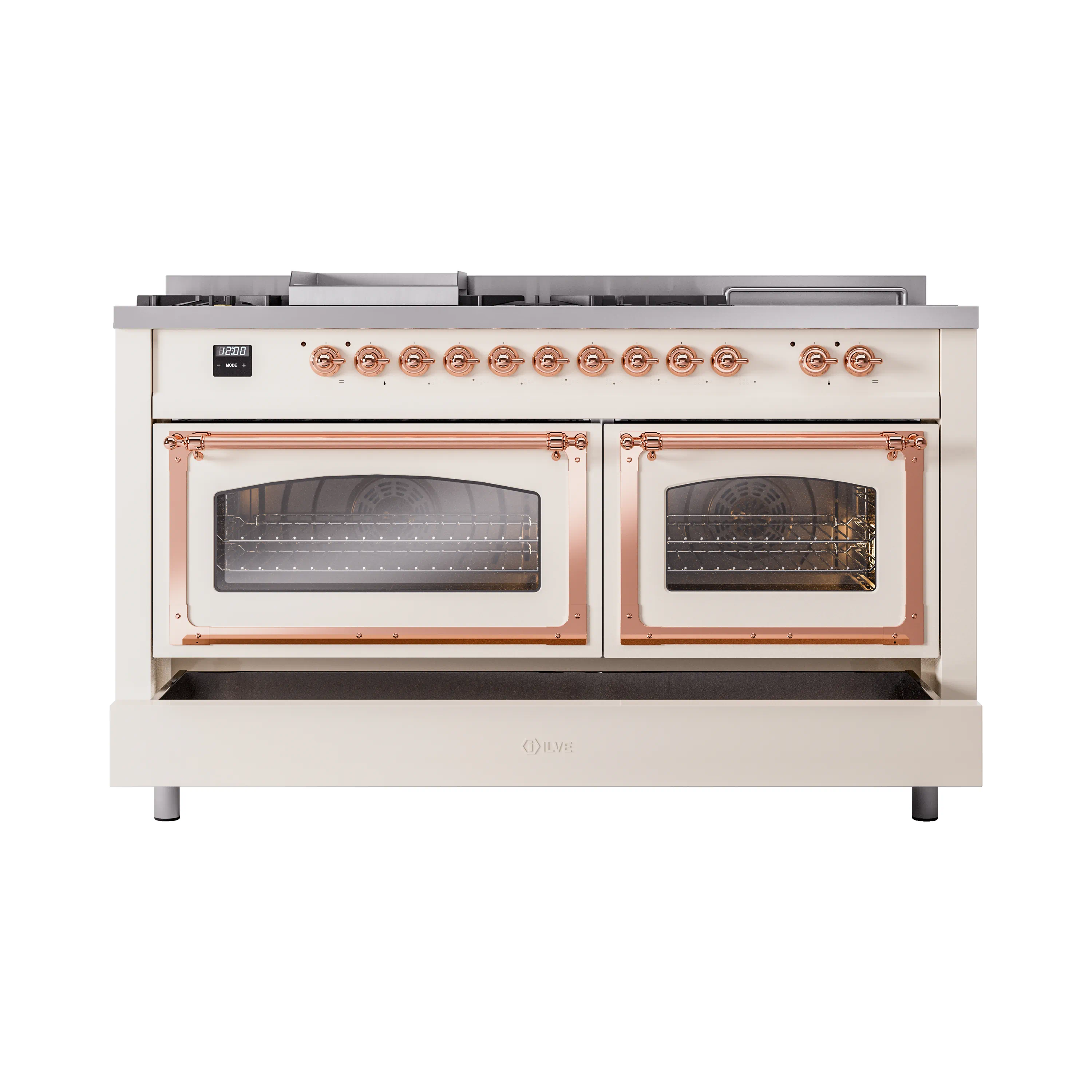 ILVE 60-Inch Nostalgie II Noblesse Natural Gas Dual Fuel Range with 7 Sealed Burners, Griddle, French Top and Triple Glass Door Oven in Antique White with Copper Trim (UN60FSNMPAWP) - Image 6