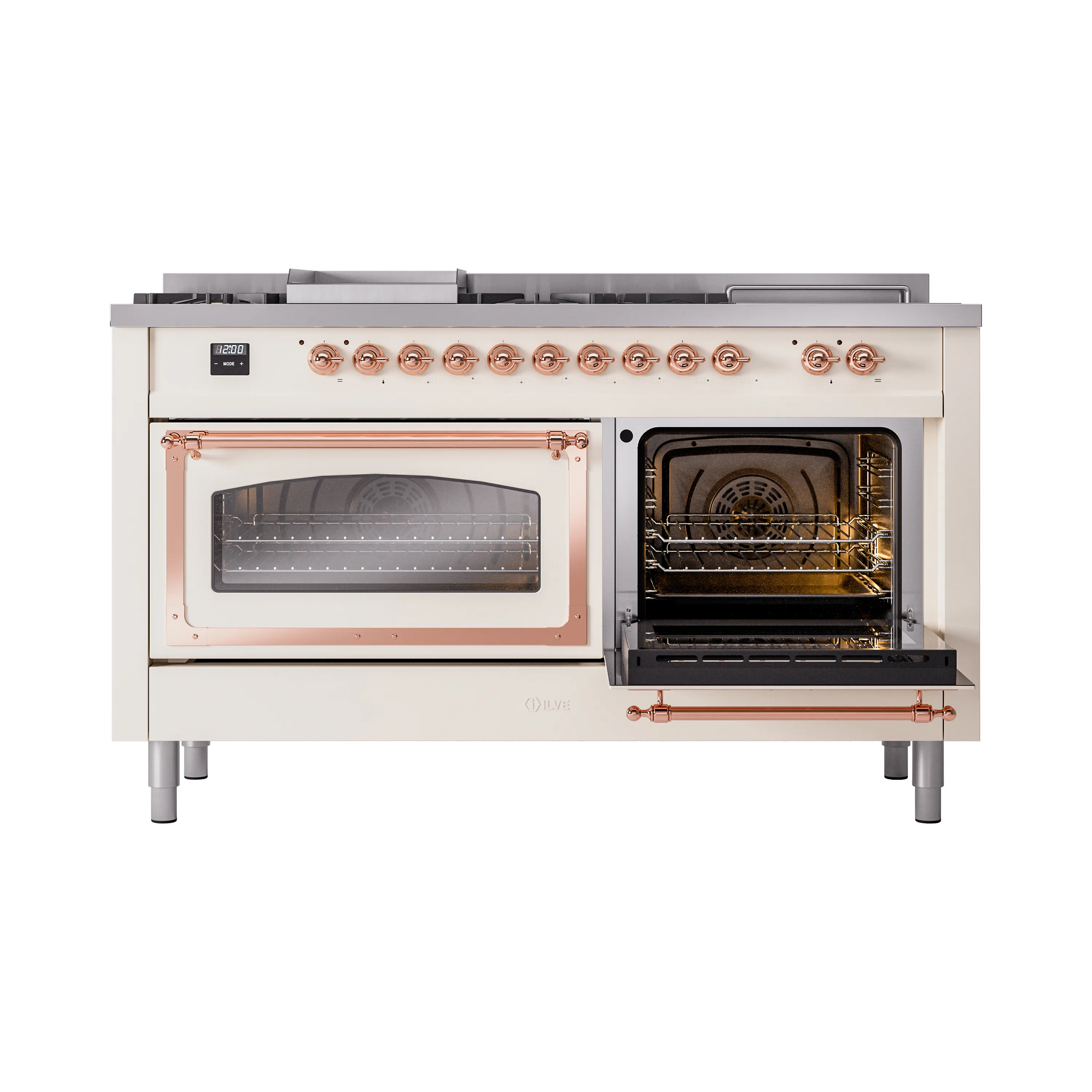ILVE 60-Inch Nostalgie II Noblesse Natural Gas Dual Fuel Range with 7 Sealed Burners, Griddle, French Top and Triple Glass Door Oven in Antique White with Copper Trim (UN60FSNMPAWP) - Image 7