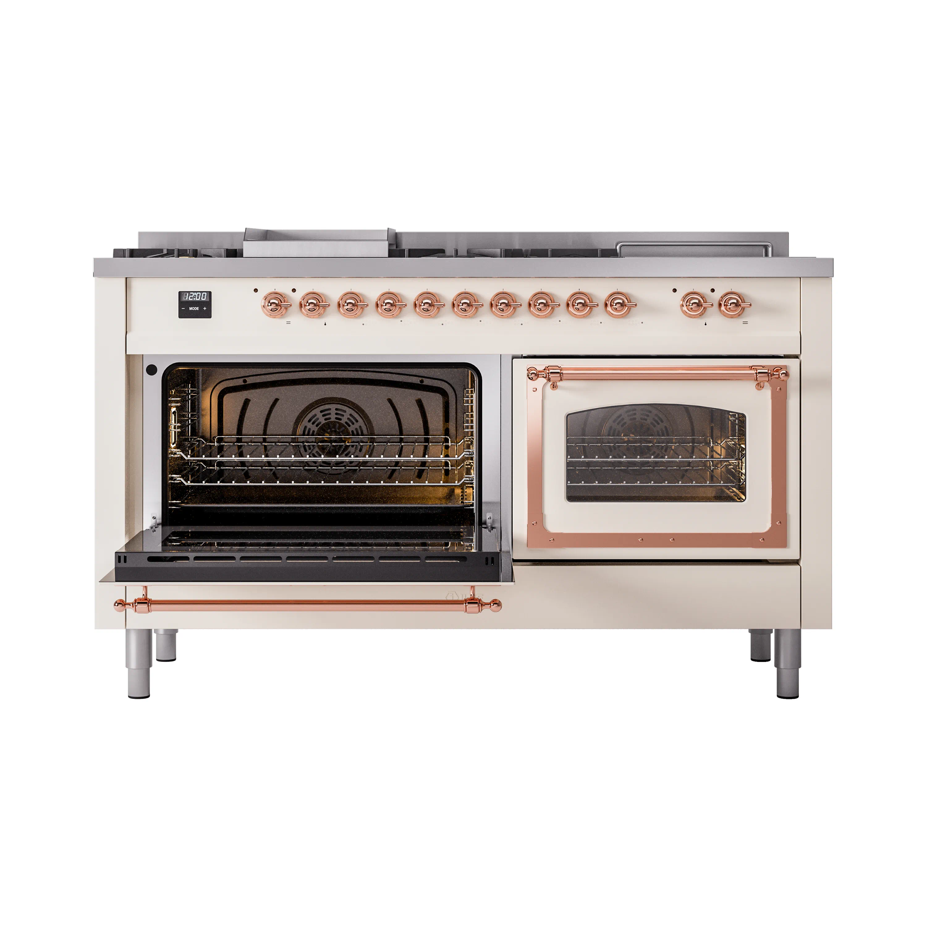 ILVE 60-Inch Nostalgie II Noblesse Natural Gas Dual Fuel Range with 7 Sealed Burners, Griddle, French Top and Triple Glass Door Oven in Antique White with Copper Trim (UN60FSNMPAWP) - Image 8