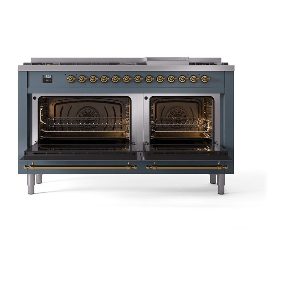 ILVE 60-Inch Nostalgie II Noblesse Natural Gas Dual Fuel Range with 9 Sealed Burners, Griddle, and Solid Door Oven in Blue Grey with Brass Trim (UN60FQNMPBGG) - Image 2