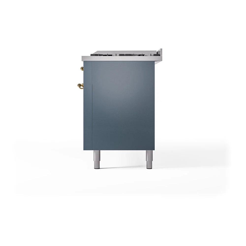 ILVE 60-Inch Nostalgie II Noblesse Natural Gas Dual Fuel Range with 9 Sealed Burners, Griddle, and Solid Door Oven in Blue Grey with Brass Trim (UN60FQNMPBGG) - Image 5