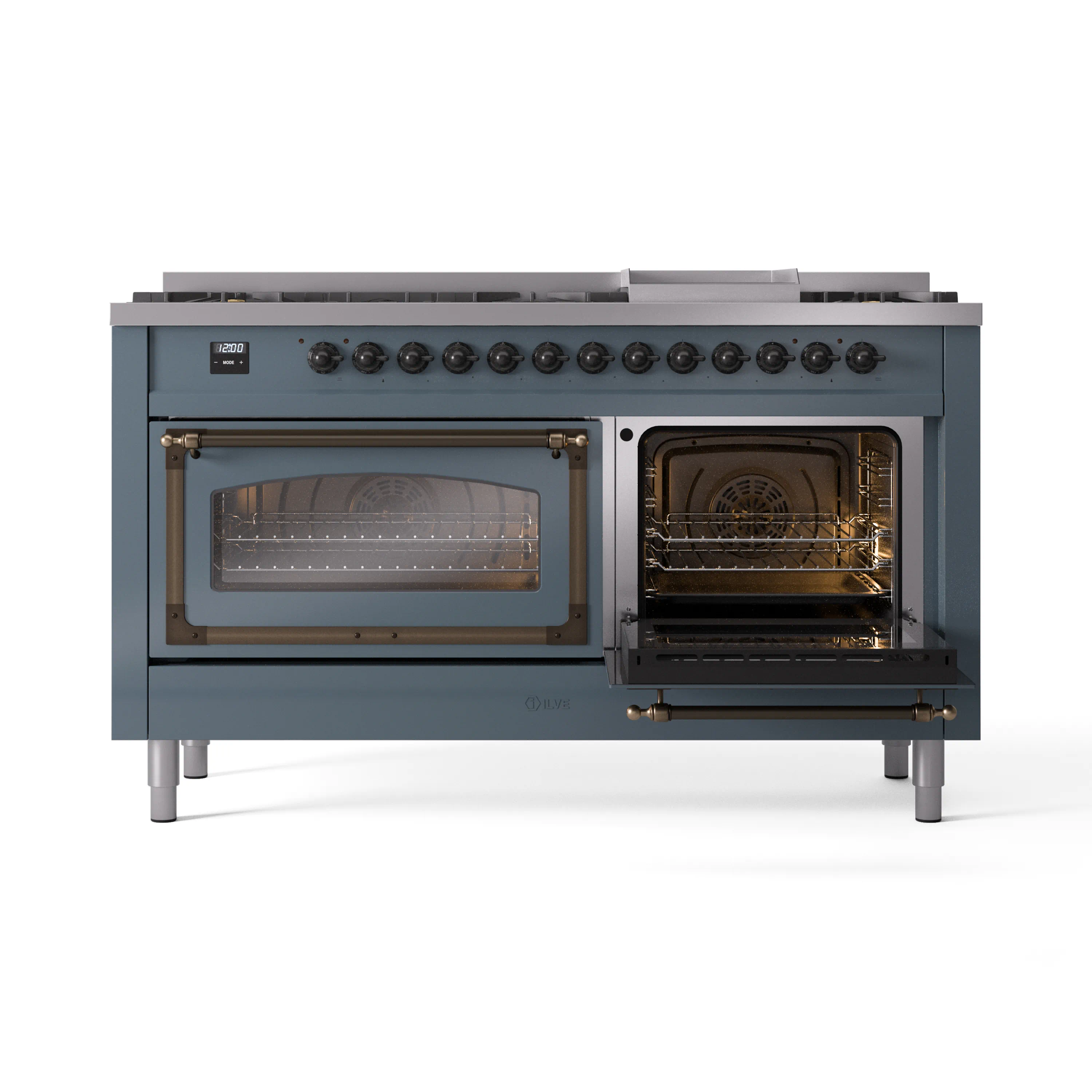 ILVE 60-Inch Nostalgie II Noblesse Natural Gas Dual Fuel Range   in Blue Grey with Bronze Trim (UN60FNMPBGB) - Image 7