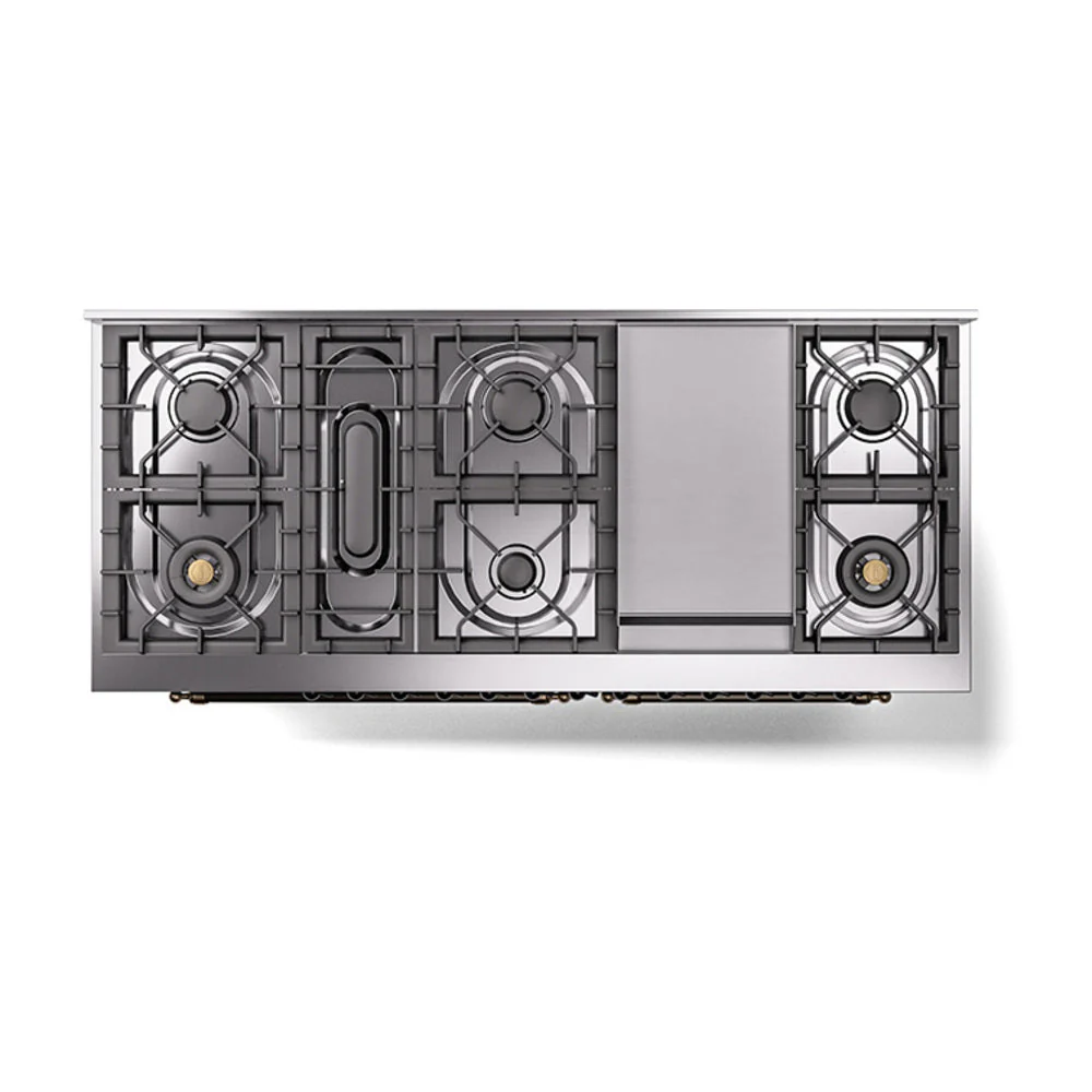 ILVE 60-Inch Nostalgie II Noblesse Natural Gas Dual Fuel Range with 9 Sealed Burners, Griddle, and Solid Door Oven in Blue Grey with Bronze Trim (UN60FQNMPBGB) - Image 3