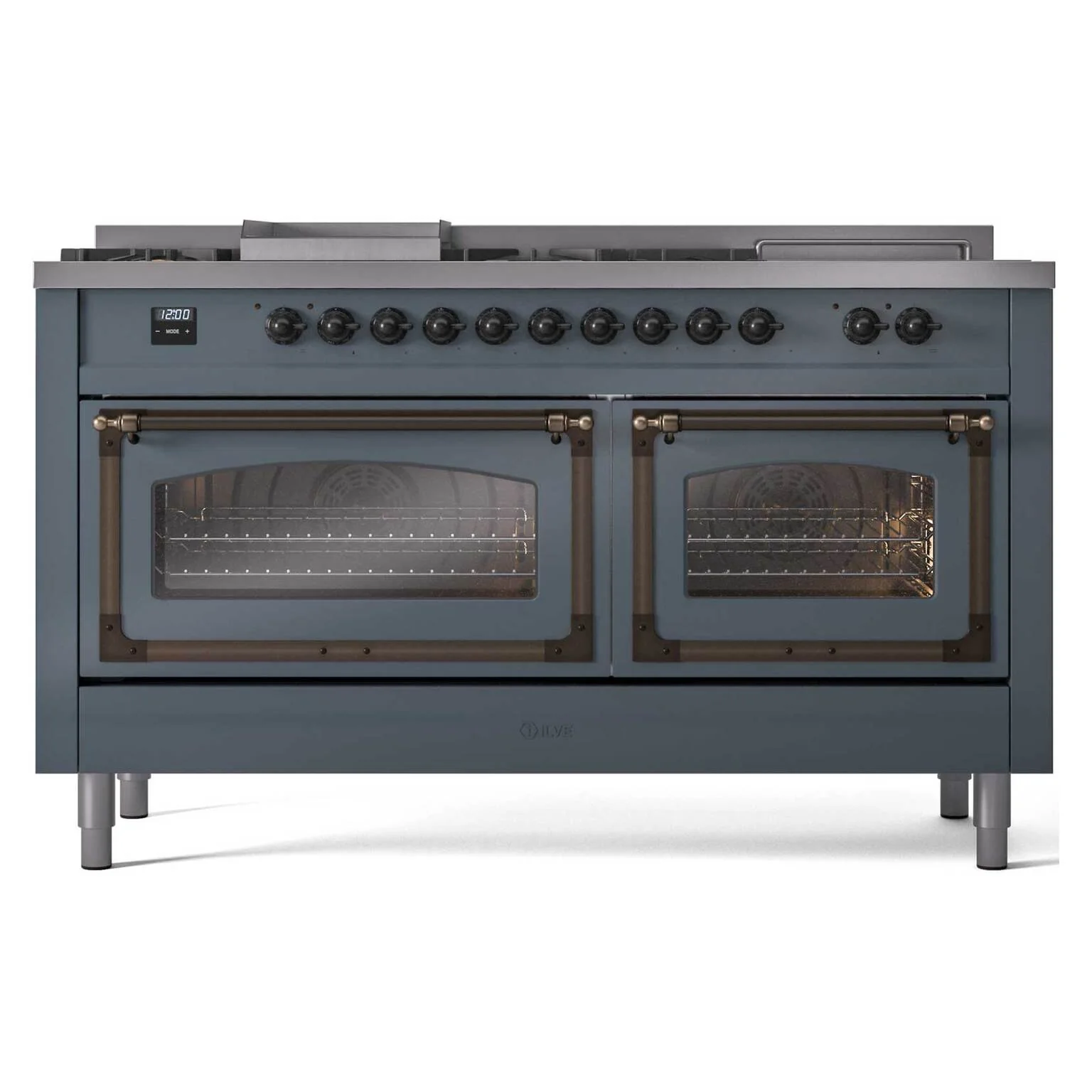 ILVE 60-Inch Nostalgie II Noblesse Natural Gas Dual Fuel Range with 7 Sealed Burners, Griddle, French Top and Triple Glass Door Oven in Blue Grey with Bronze Trim (UN60FSNMPBGB) - Image 2