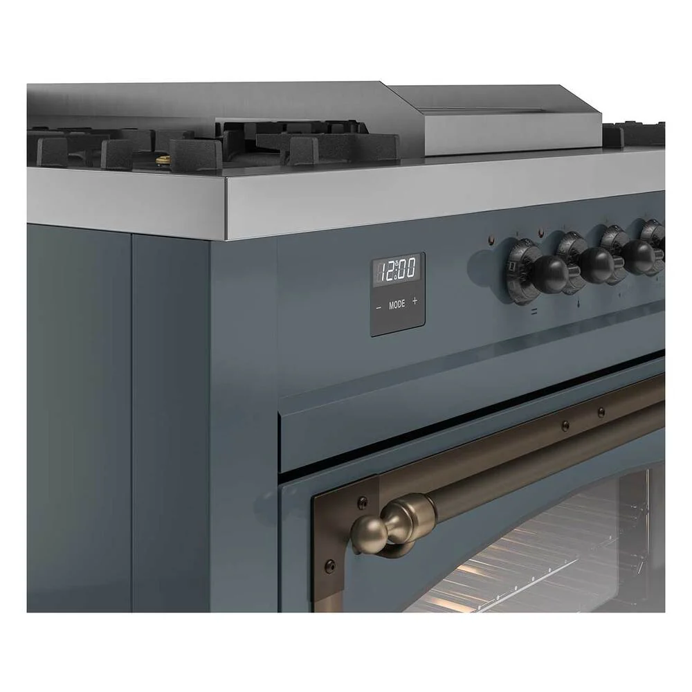 ILVE 60-Inch Nostalgie II Noblesse Natural Gas Dual Fuel Range with 7 Sealed Burners, Griddle, French Top and Triple Glass Door Oven in Blue Grey with Bronze Trim (UN60FSNMPBGB) - Image 3