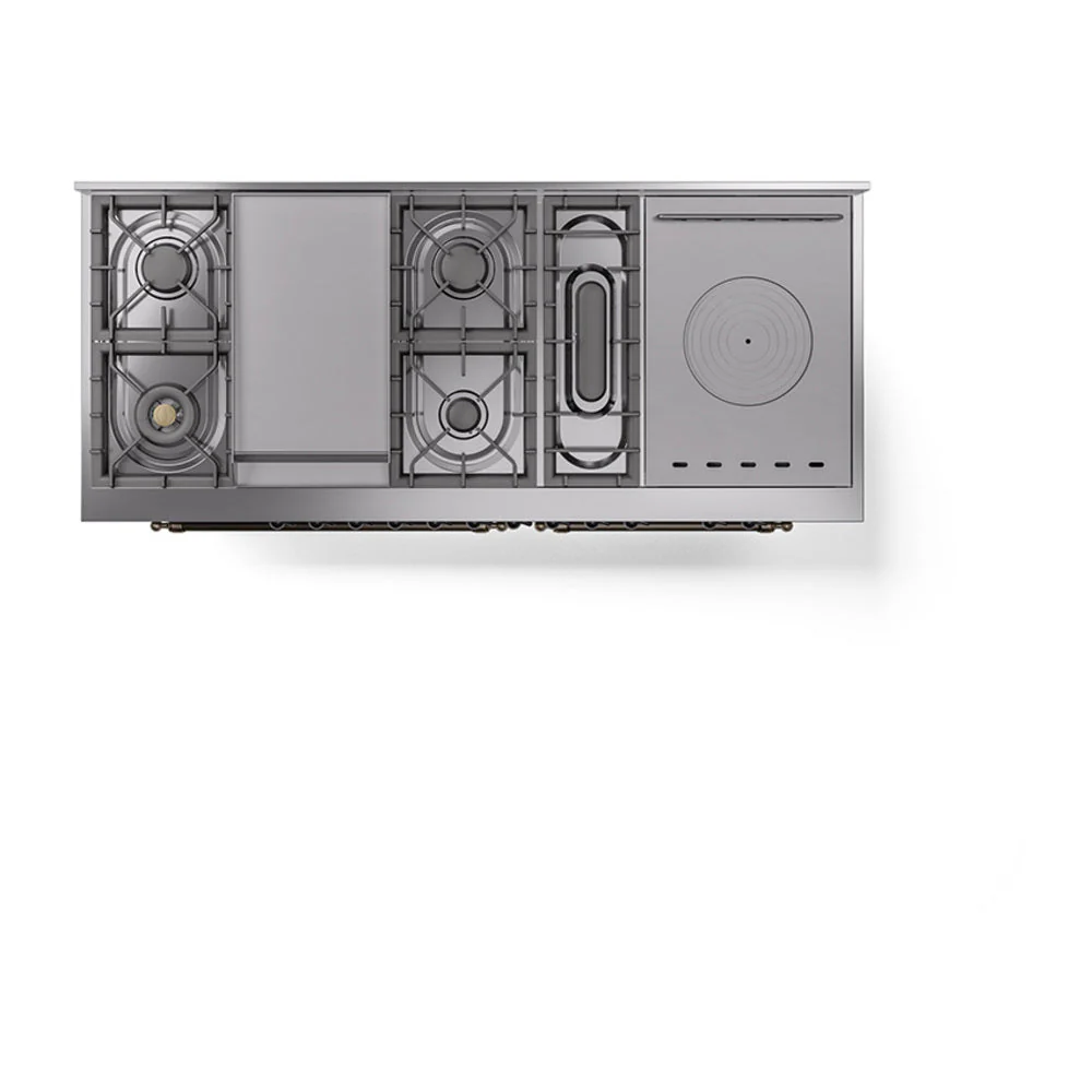ILVE 60-Inch Nostalgie II Noblesse Natural Gas Dual Fuel Range with 7 Sealed Burners, Griddle, French Top and Triple Glass Door Oven in Blue Grey with Bronze Trim (UN60FSNMPBGB) - Image 4