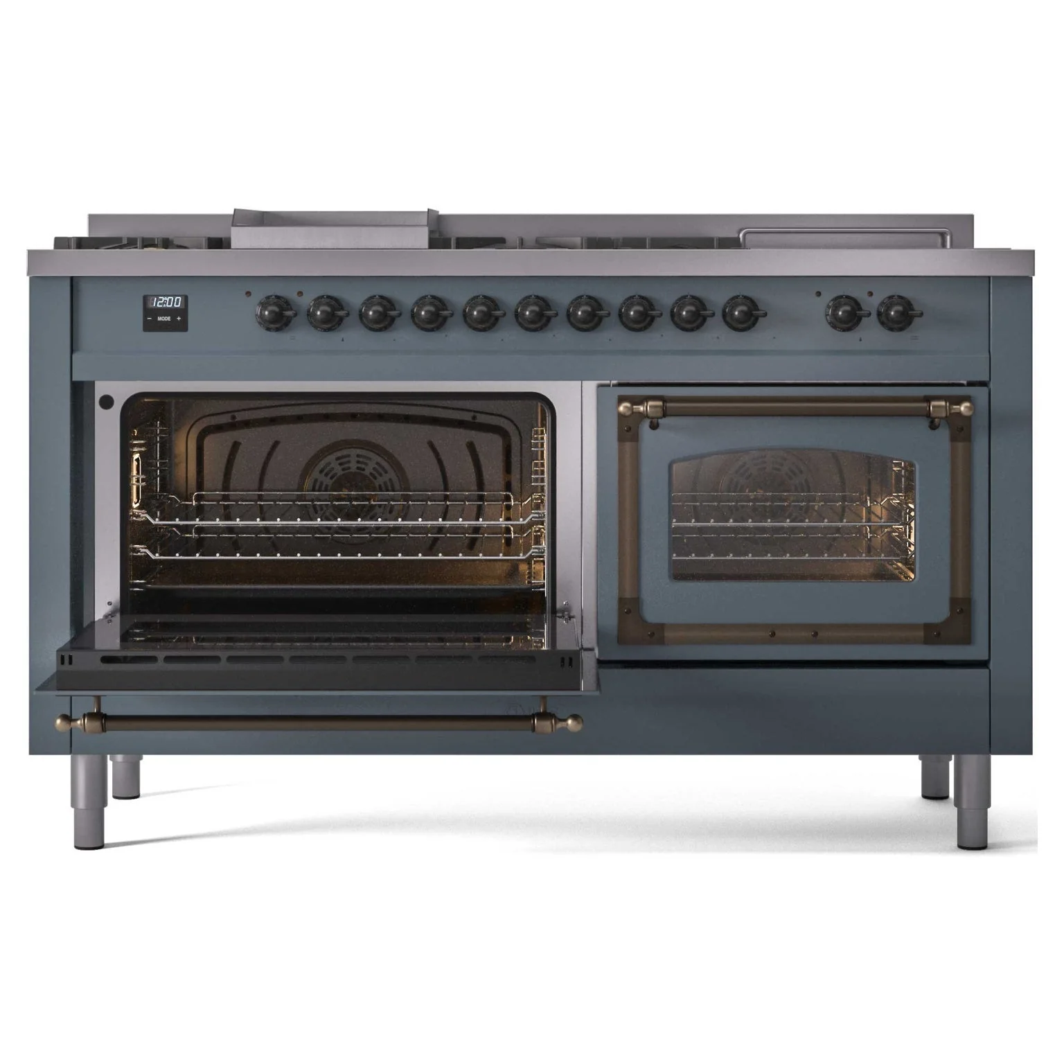 ILVE 60-Inch Nostalgie II Noblesse Natural Gas Dual Fuel Range with 7 Sealed Burners, Griddle, French Top and Triple Glass Door Oven in Blue Grey with Bronze Trim (UN60FSNMPBGB) - Image 6