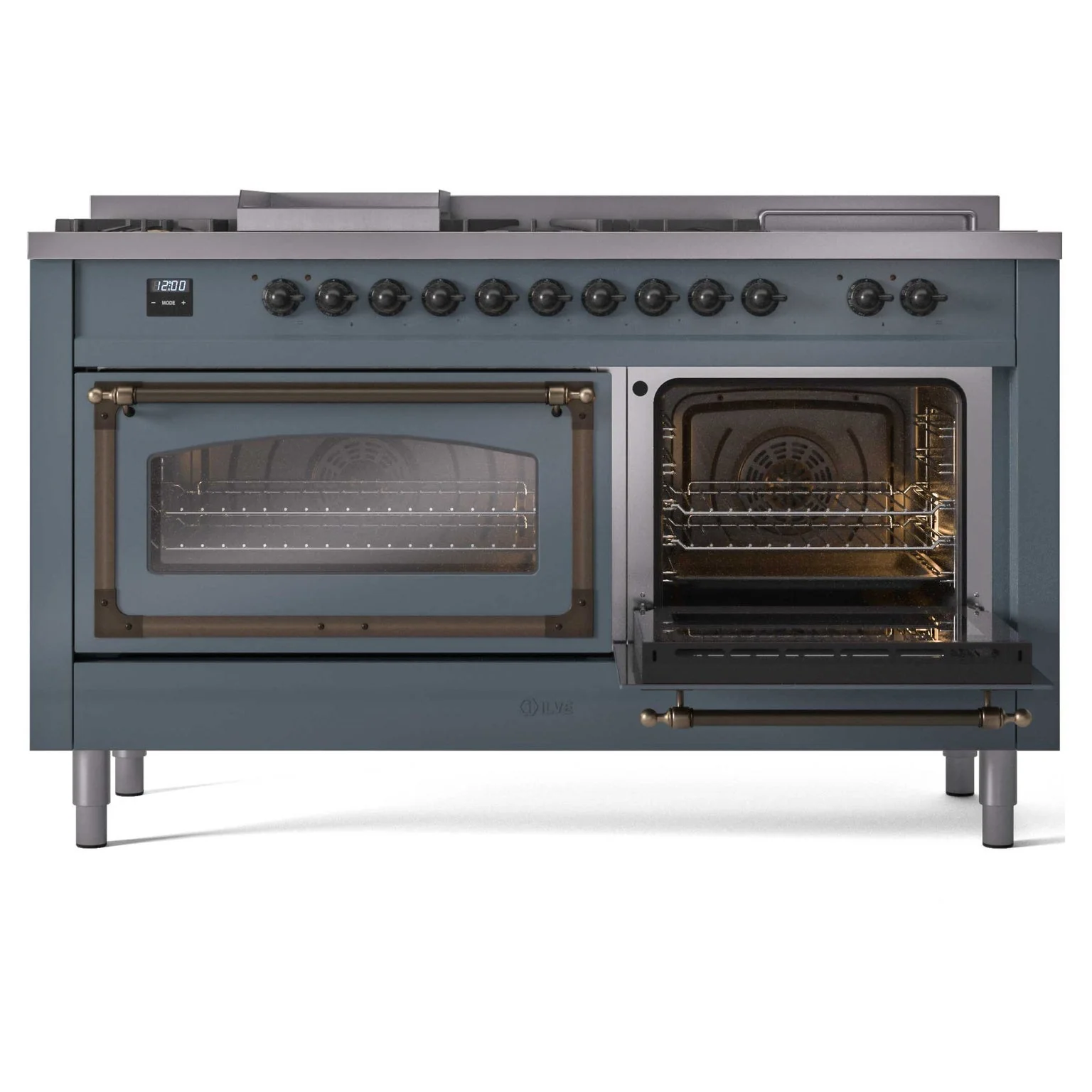 ILVE 60-Inch Nostalgie II Noblesse Natural Gas Dual Fuel Range with 7 Sealed Burners, Griddle, French Top and Triple Glass Door Oven in Blue Grey with Bronze Trim (UN60FSNMPBGB) - Image 7