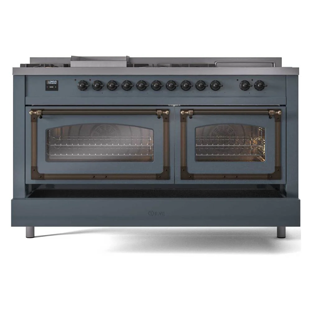 ILVE 60-Inch Nostalgie II Noblesse Natural Gas Dual Fuel Range with 7 Sealed Burners, Griddle, French Top and Triple Glass Door Oven in Blue Grey with Bronze Trim (UN60FSNMPBGB) - Image 8