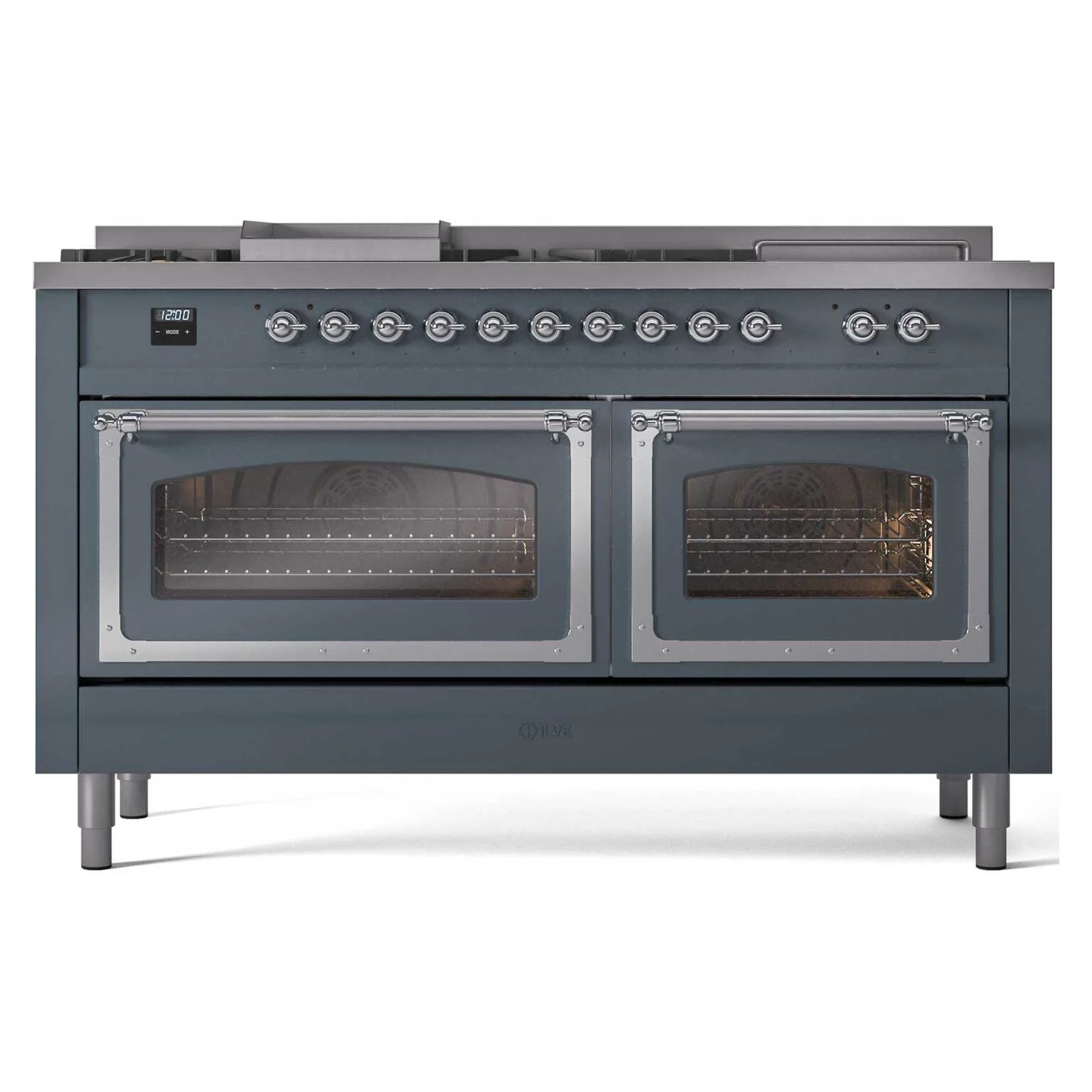 ILVE 60-Inch Nostalgie II Noblesse Natural Gas Dual Fuel Range with 7 Sealed Burners, Griddle, French Top and Triple Glass Door Oven in Blue Grey with Chrome Trim (UN60FSNMPBGC) - Image 2