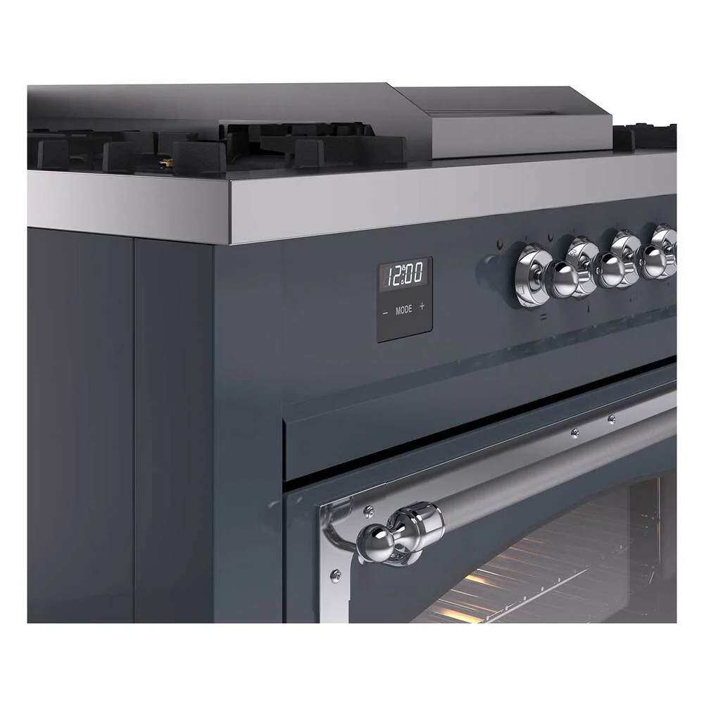 ILVE 60-Inch Nostalgie II Noblesse Natural Gas Dual Fuel Range with 7 Sealed Burners, Griddle, French Top and Triple Glass Door Oven in Blue Grey with Chrome Trim (UN60FSNMPBGC) - Image 3