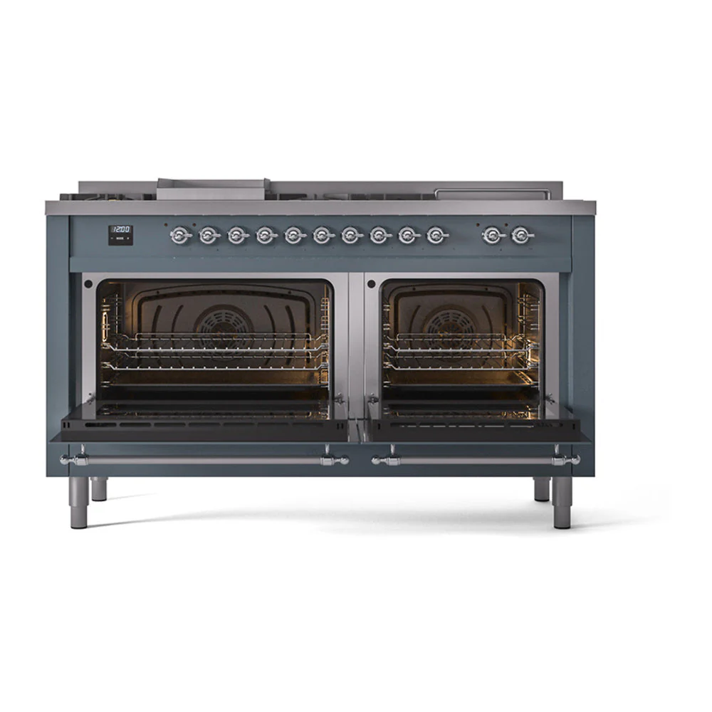 ILVE 60-Inch Nostalgie II Noblesse Natural Gas Dual Fuel Range with 7 Sealed Burners, Griddle, French Top and Triple Glass Door Oven in Blue Grey with Chrome Trim (UN60FSNMPBGC) - Image 5