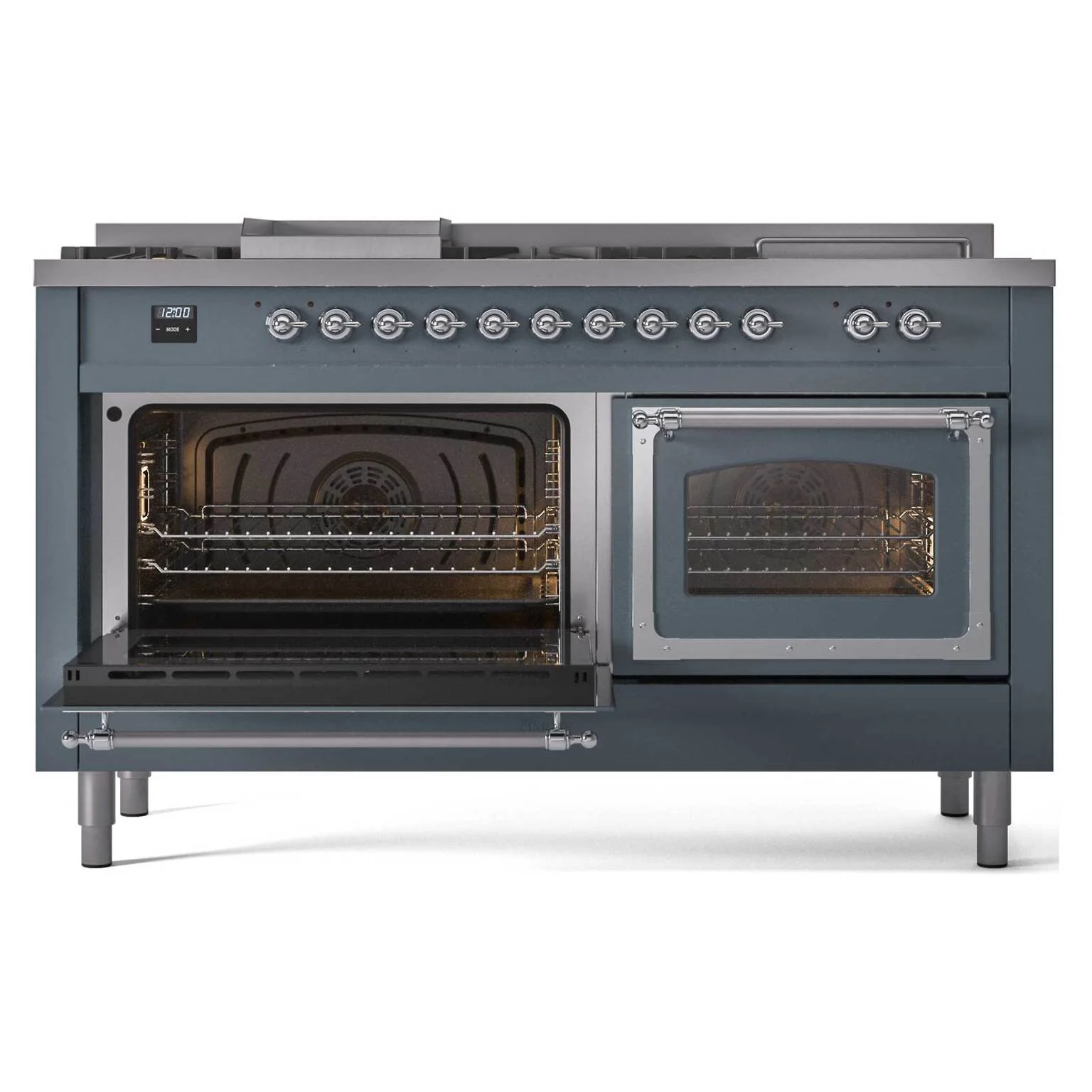 ILVE 60-Inch Nostalgie II Noblesse Natural Gas Dual Fuel Range with 7 Sealed Burners, Griddle, French Top and Triple Glass Door Oven in Blue Grey with Chrome Trim (UN60FSNMPBGC) - Image 6