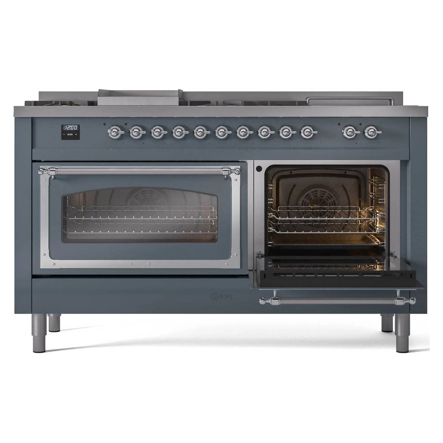 ILVE 60-Inch Nostalgie II Noblesse Natural Gas Dual Fuel Range with 7 Sealed Burners, Griddle, French Top and Triple Glass Door Oven in Blue Grey with Chrome Trim (UN60FSNMPBGC) - Image 7