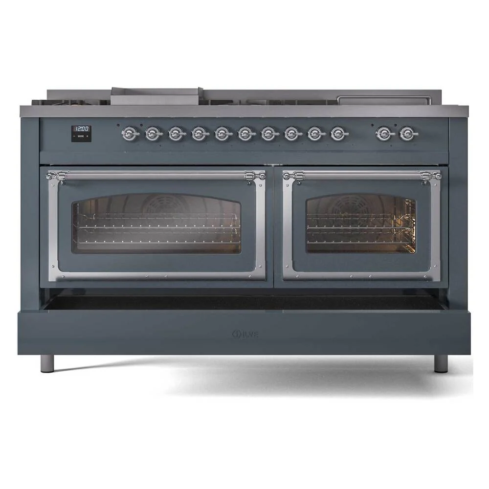 ILVE 60-Inch Nostalgie II Noblesse Natural Gas Dual Fuel Range with 7 Sealed Burners, Griddle, French Top and Triple Glass Door Oven in Blue Grey with Chrome Trim (UN60FSNMPBGC) - Image 8