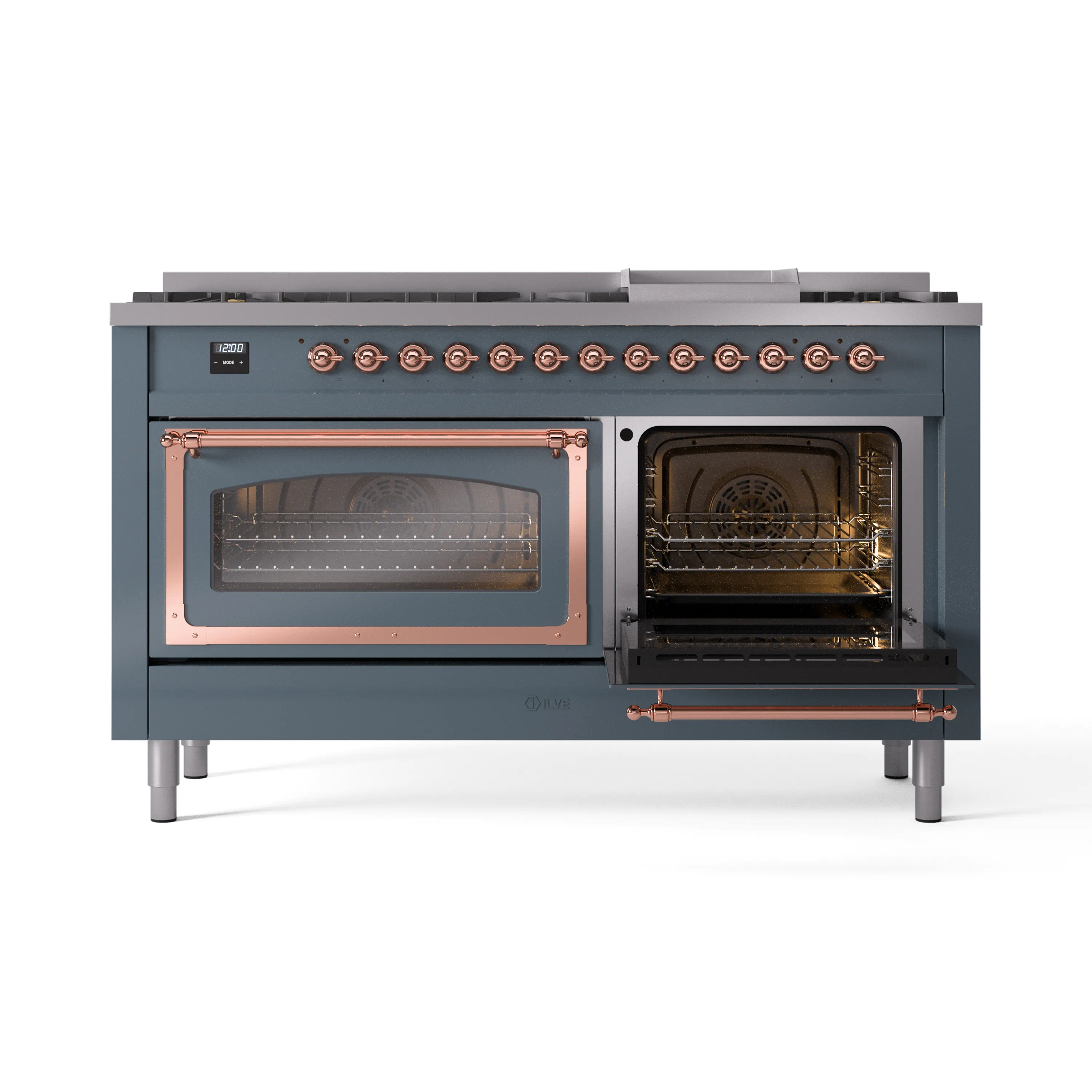 ILVE 60-Inch Nostalgie II Noblesse Natural Gas Dual Fuel Range   in Blue Grey with Copper Trim (UN60FNMPBGP) - Image 7