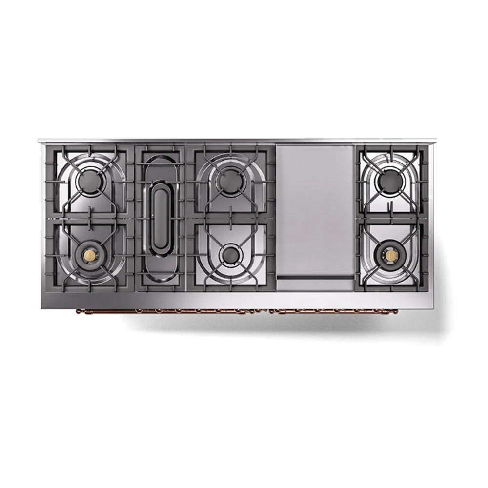 ILVE 60-Inch Nostalgie II Noblesse Natural Gas Dual Fuel Range with 9 Sealed Burners, Griddle, and Solid Door Oven in Blue Grey with Copper Trim (UN60FQNMPBGP) - Image 3