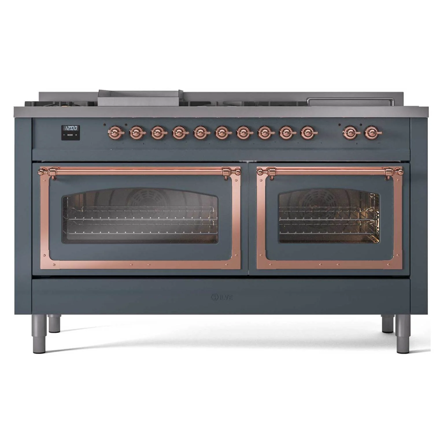 ILVE 60-Inch Nostalgie II Noblesse Natural Gas Dual Fuel Range with 7 Sealed Burners, Griddle, French Top and Triple Glass Door Oven in Blue Grey with Copper Trim (UN60FSNMPBGP) - Image 2