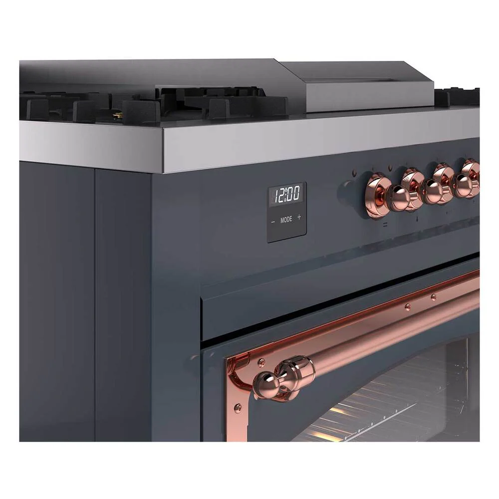 ILVE 60-Inch Nostalgie II Noblesse Natural Gas Dual Fuel Range with 7 Sealed Burners, Griddle, French Top and Triple Glass Door Oven in Blue Grey with Copper Trim (UN60FSNMPBGP) - Image 3