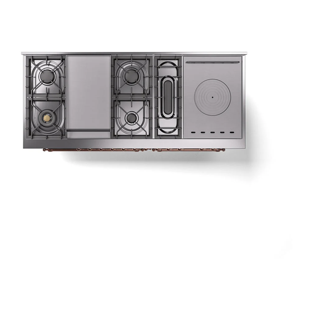ILVE 60-Inch Nostalgie II Noblesse Natural Gas Dual Fuel Range with 7 Sealed Burners, Griddle, French Top and Triple Glass Door Oven in Blue Grey with Copper Trim (UN60FSNMPBGP) - Image 4