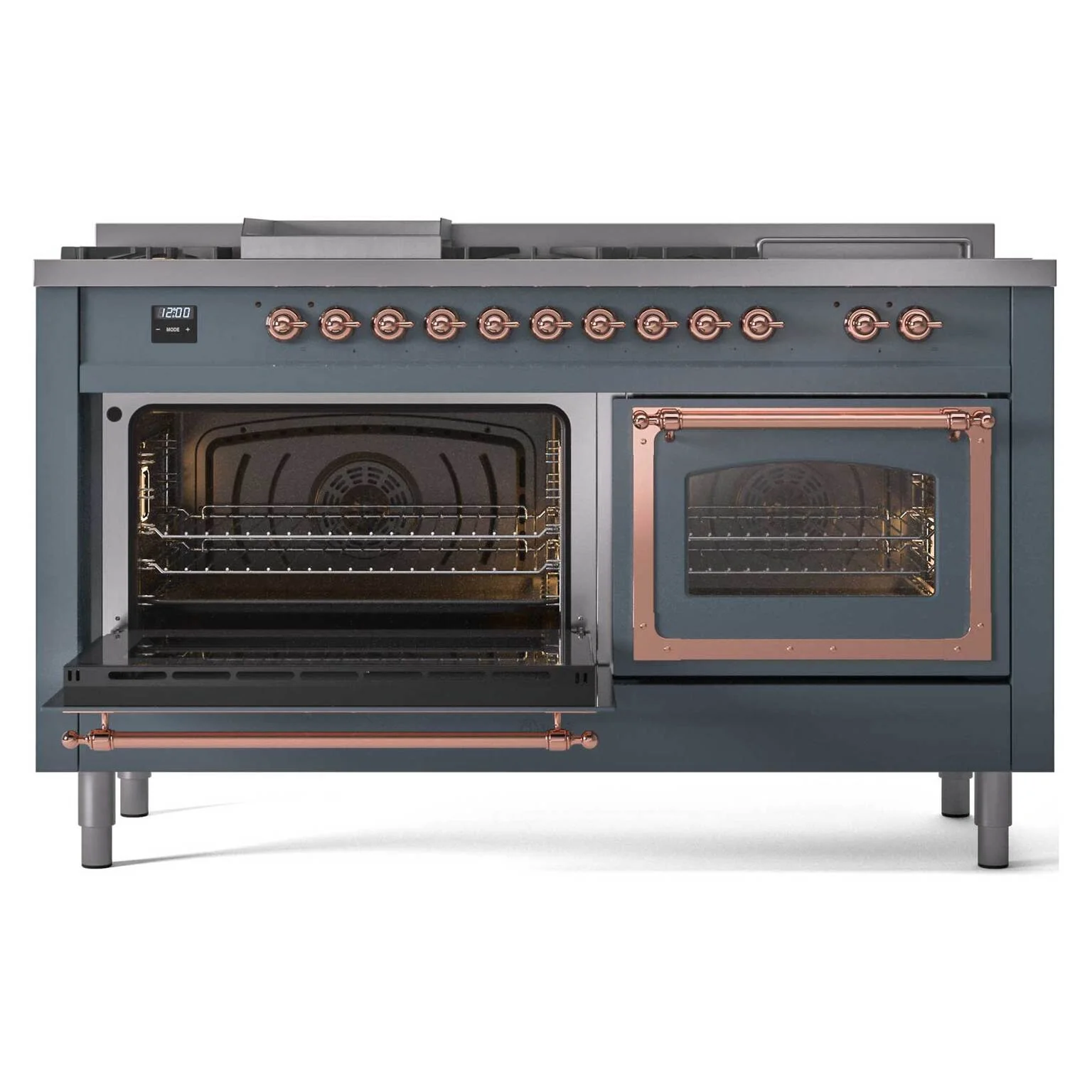 ILVE 60-Inch Nostalgie II Noblesse Natural Gas Dual Fuel Range with 7 Sealed Burners, Griddle, French Top and Triple Glass Door Oven in Blue Grey with Copper Trim (UN60FSNMPBGP) - Image 6