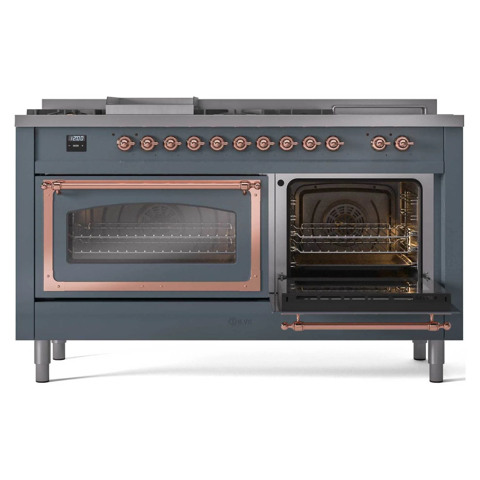 ILVE 60-Inch Nostalgie II Noblesse Natural Gas Dual Fuel Range with 7 Sealed Burners, Griddle, French Top and Triple Glass Door Oven in Blue Grey with Copper Trim (UN60FSNMPBGP) - Image 7