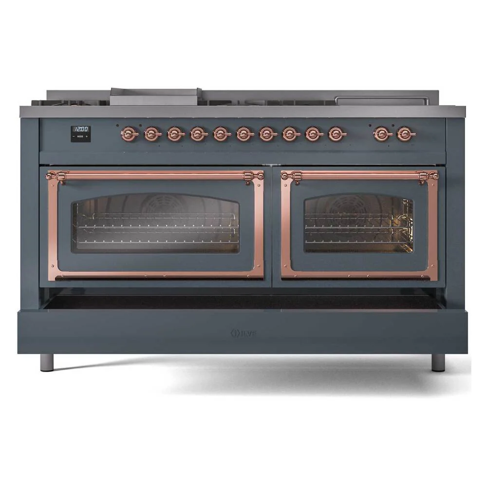 ILVE 60-Inch Nostalgie II Noblesse Natural Gas Dual Fuel Range with 7 Sealed Burners, Griddle, French Top and Triple Glass Door Oven in Blue Grey with Copper Trim (UN60FSNMPBGP) - Image 8
