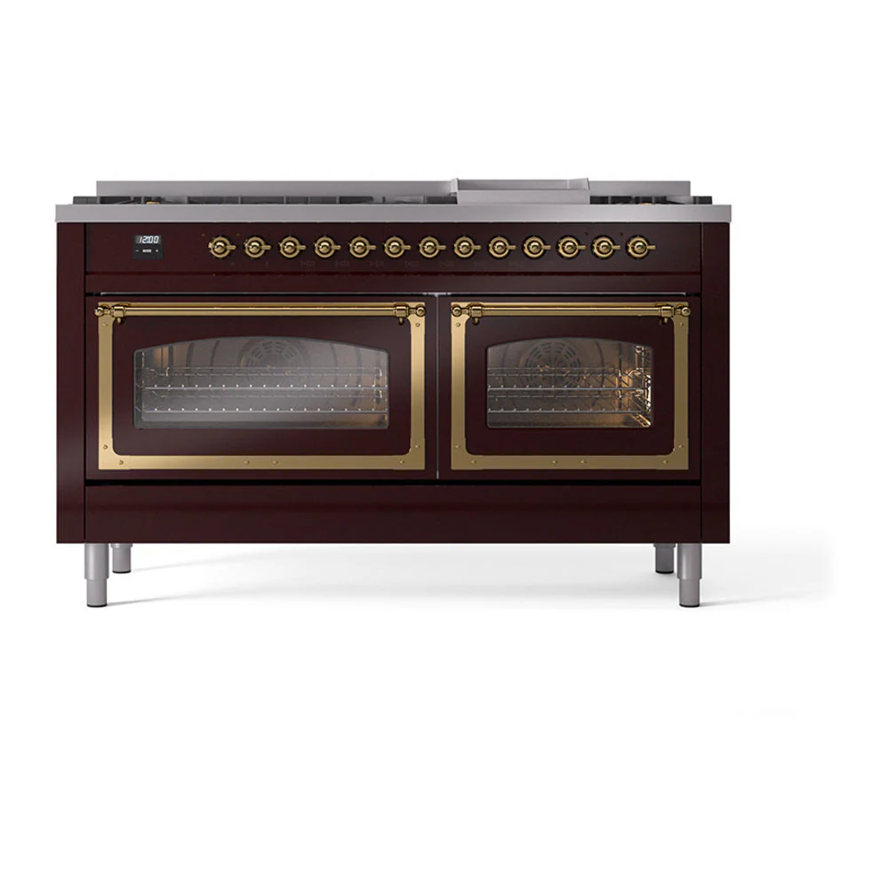 ILVE 60-Inch Nostalgie II Noblesse Natural Gas Dual Fuel Range   in Burgundy with Brass Trim (UN60FNMPBUG) - Image 2