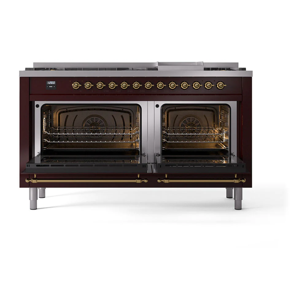 ILVE 60-Inch Nostalgie II Noblesse Natural Gas Dual Fuel Range   in Burgundy with Brass Trim (UN60FNMPBUG) - Image 5