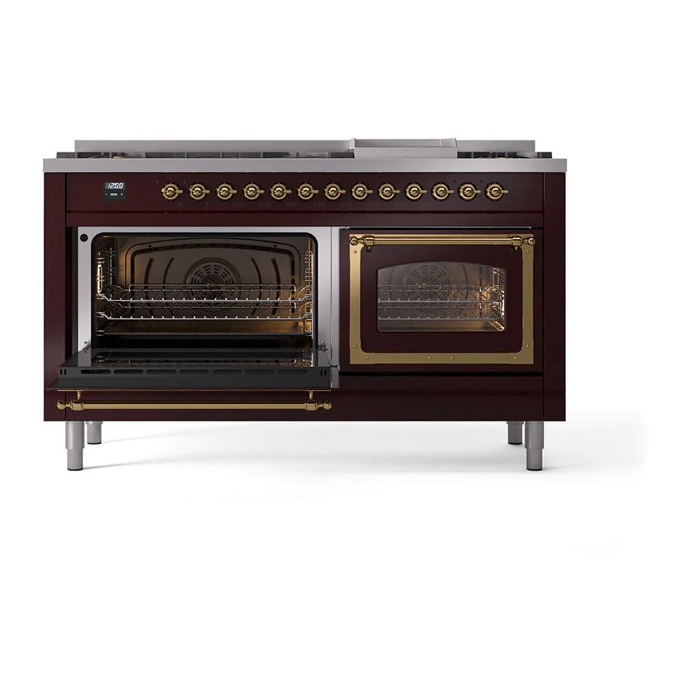 ILVE 60-Inch Nostalgie II Noblesse Natural Gas Dual Fuel Range   in Burgundy with Brass Trim (UN60FNMPBUG) - Image 6
