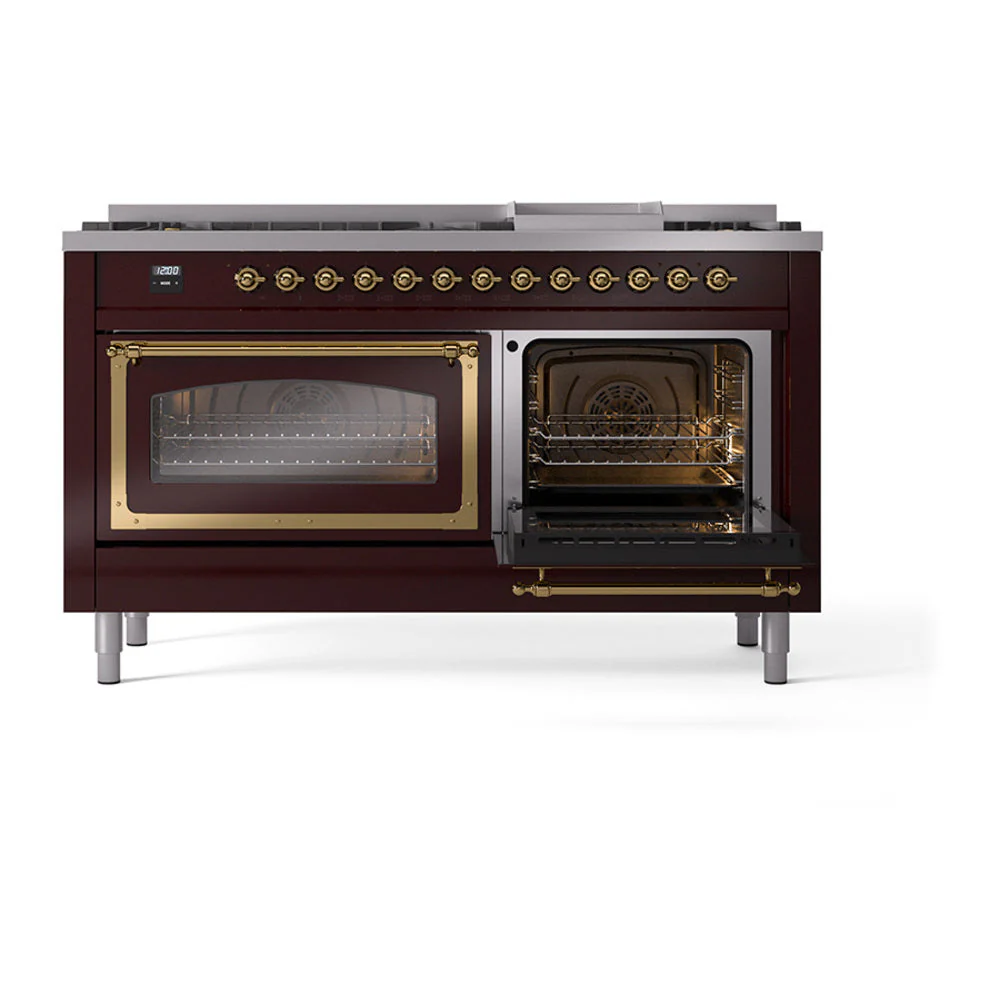 ILVE 60-Inch Nostalgie II Noblesse Natural Gas Dual Fuel Range   in Burgundy with Brass Trim (UN60FNMPBUG) - Image 7