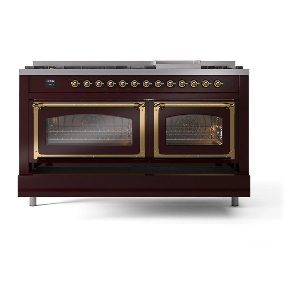 ILVE 60-Inch Nostalgie II Noblesse Natural Gas Dual Fuel Range   in Burgundy with Brass Trim (UN60FNMPBUG) - Image 8