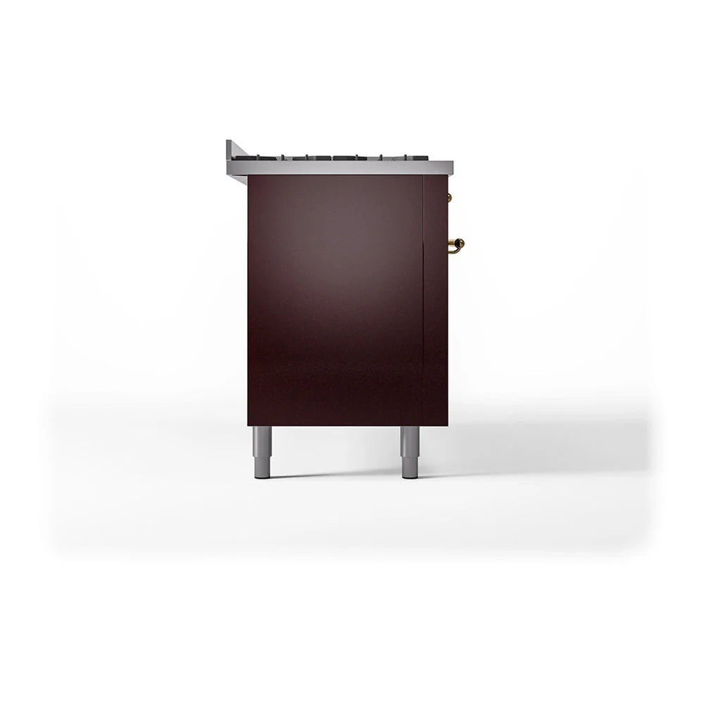 ILVE 60-Inch Nostalgie II Noblesse Natural Gas Dual Fuel Range with 9 Sealed Burners, Griddle, and Solid Door Oven in Burgundy with Brass Trim (UN60FQNMPBUG) - Image 4