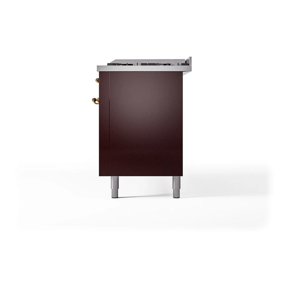 ILVE 60-Inch Nostalgie II Noblesse Natural Gas Dual Fuel Range with 9 Sealed Burners, Griddle, and Solid Door Oven in Burgundy with Brass Trim (UN60FQNMPBUG) - Image 5