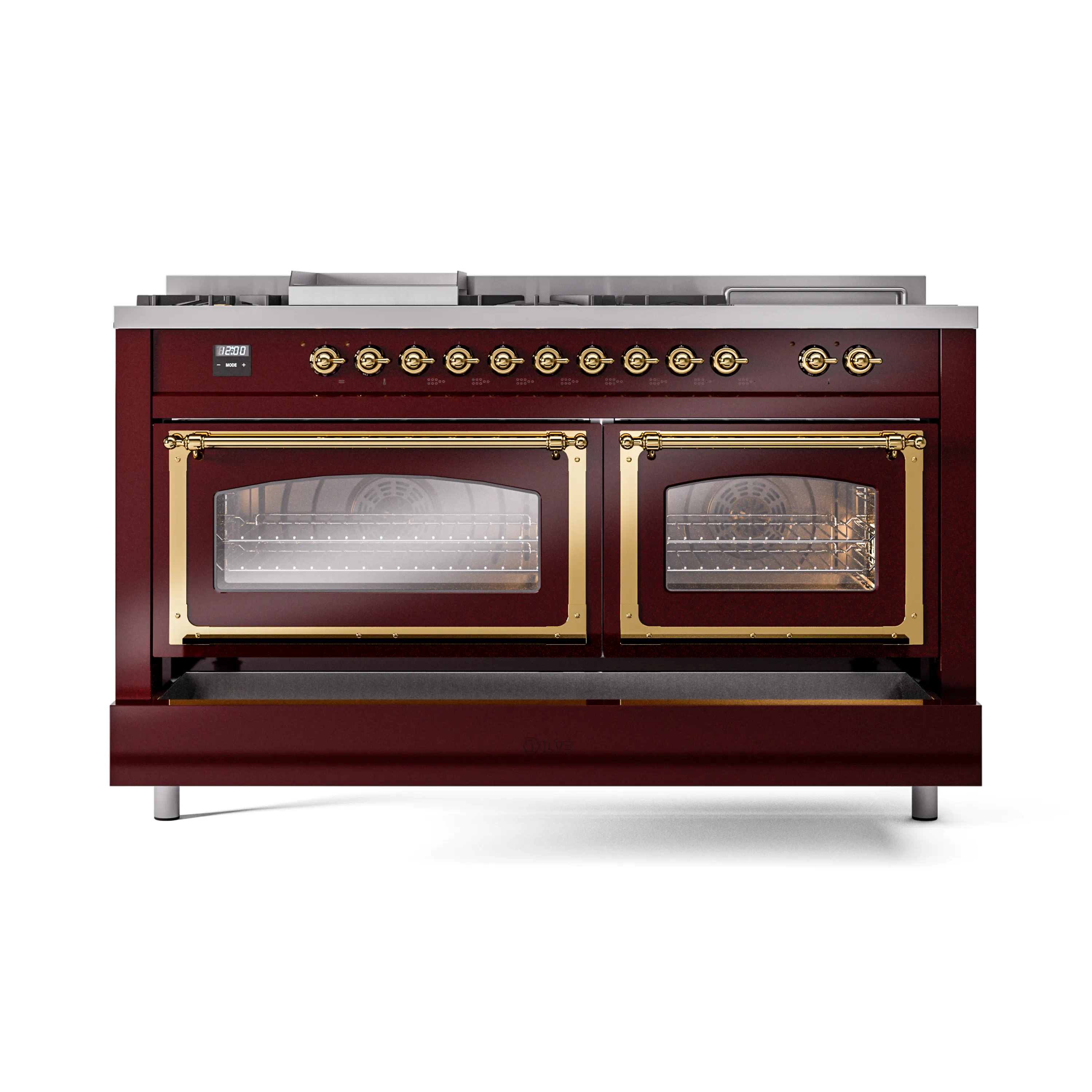 ILVE 60-Inch Nostalgie II Noblesse Natural Gas Dual Fuel Range with 7 Sealed Burners, Griddle, French Top and Triple Glass Door Oven in Burgundy with Brass Trim (UN60FSNMPBUG) - Image 2