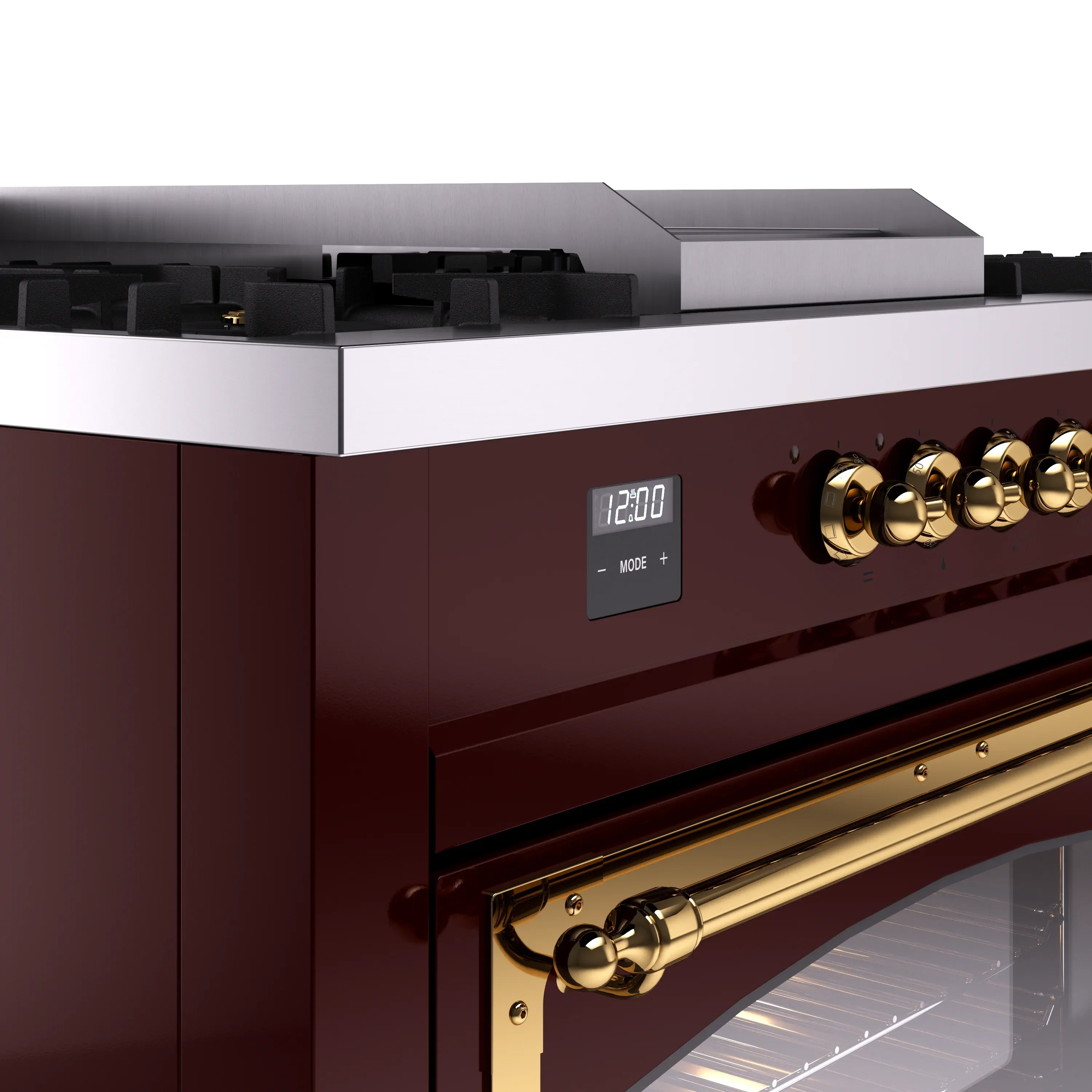 ILVE 60-Inch Nostalgie II Noblesse Natural Gas Dual Fuel Range with 7 Sealed Burners, Griddle, French Top and Triple Glass Door Oven in Burgundy with Brass Trim (UN60FSNMPBUG) - Image 3