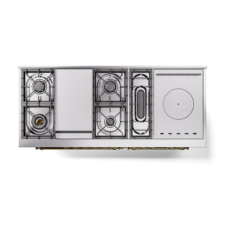 ILVE 60-Inch Nostalgie II Noblesse Natural Gas Dual Fuel Range with 7 Sealed Burners, Griddle, French Top and Triple Glass Door Oven in Burgundy with Brass Trim (UN60FSNMPBUG) - Image 4