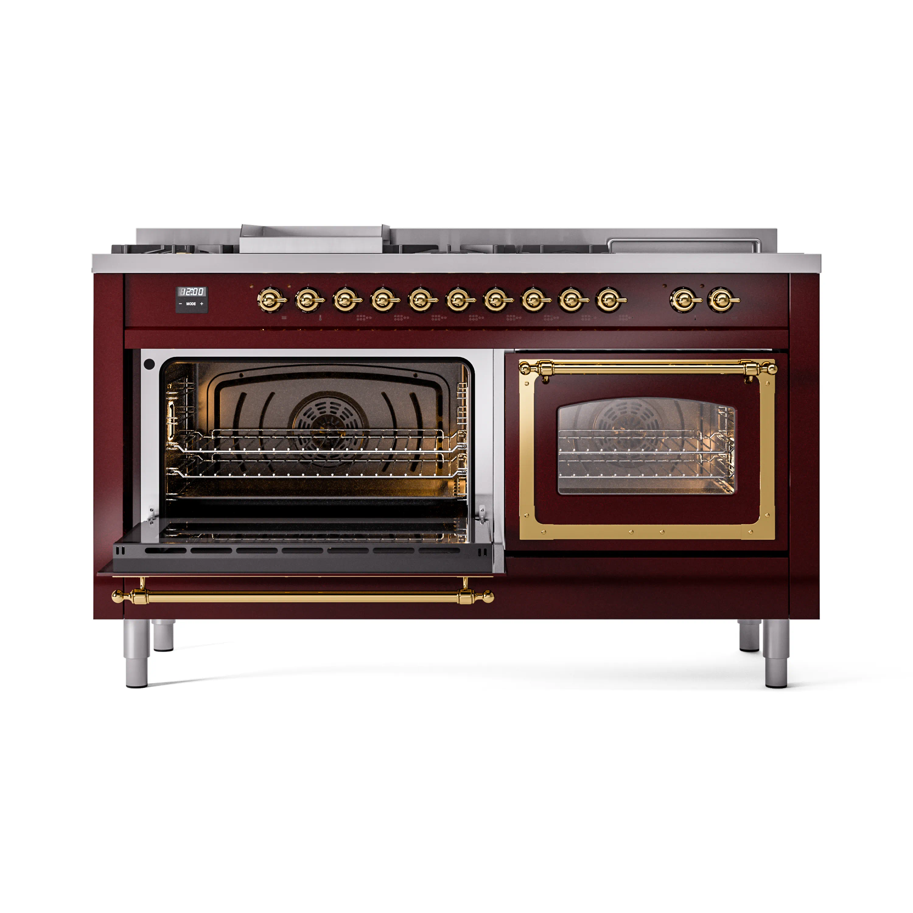ILVE 60-Inch Nostalgie II Noblesse Natural Gas Dual Fuel Range with 7 Sealed Burners, Griddle, French Top and Triple Glass Door Oven in Burgundy with Brass Trim (UN60FSNMPBUG) - Image 6