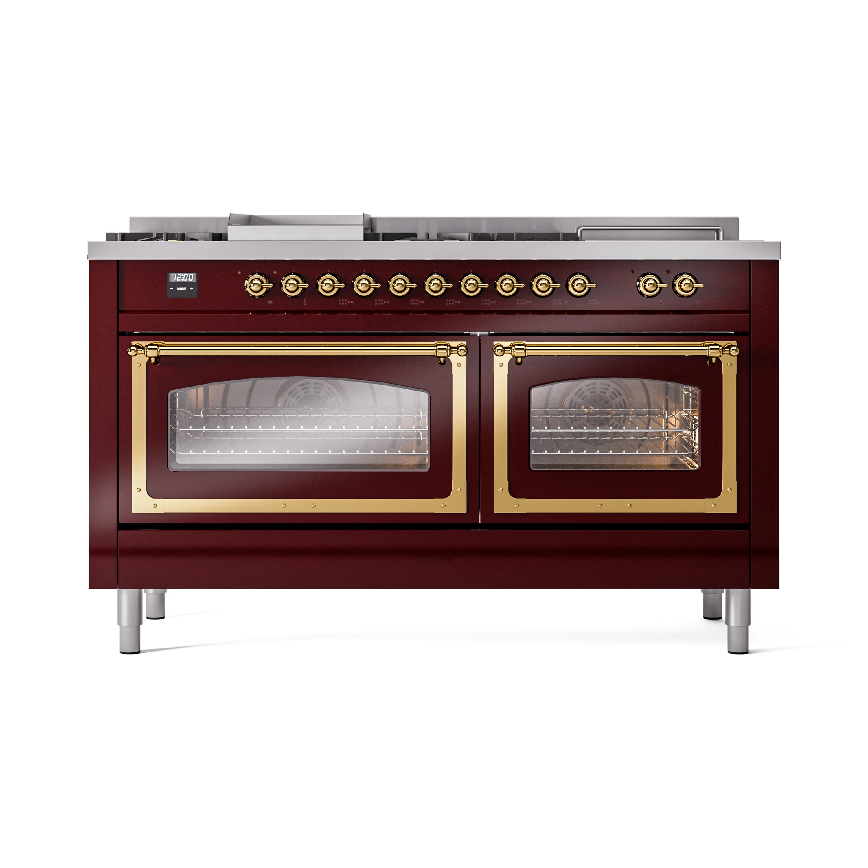ILVE 60-Inch Nostalgie II Noblesse Natural Gas Dual Fuel Range with 7 Sealed Burners, Griddle, French Top and Triple Glass Door Oven in Burgundy with Brass Trim (UN60FSNMPBUG) - Image 7