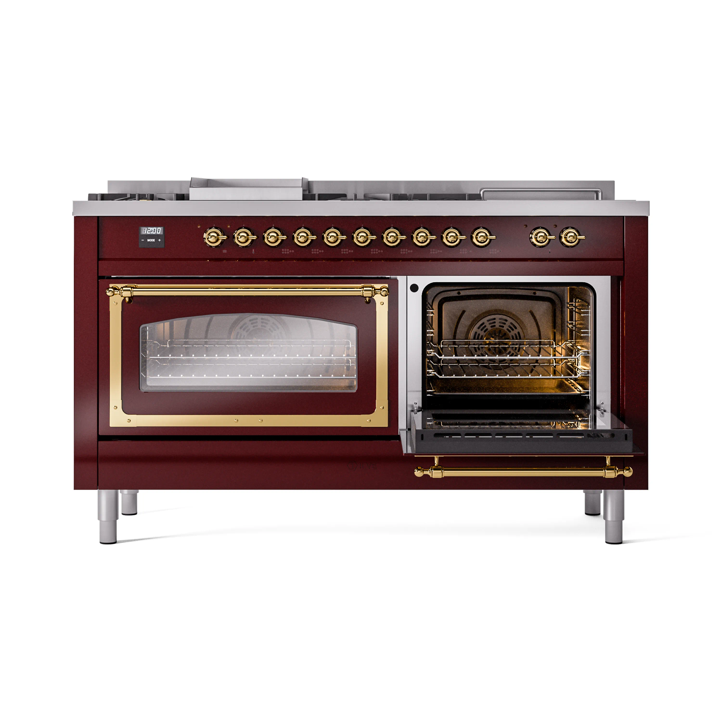 ILVE 60-Inch Nostalgie II Noblesse Natural Gas Dual Fuel Range with 7 Sealed Burners, Griddle, French Top and Triple Glass Door Oven in Burgundy with Brass Trim (UN60FSNMPBUG) - Image 8