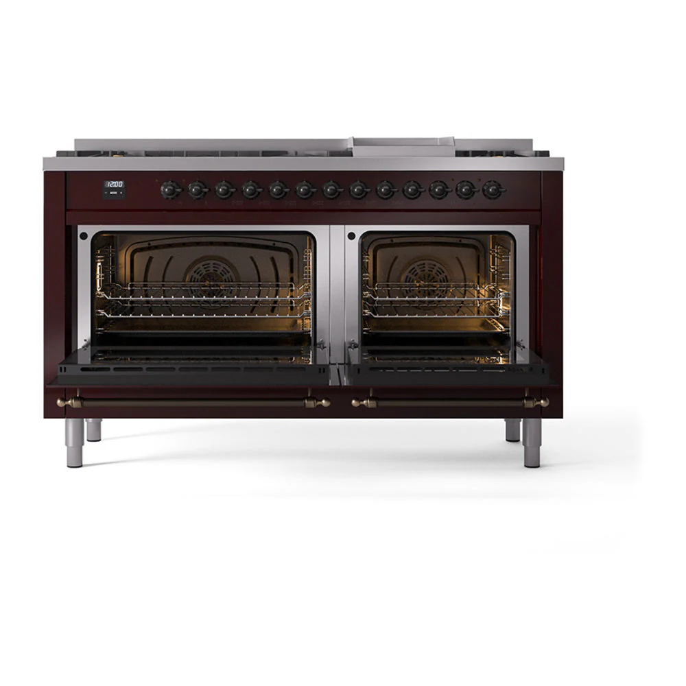 ILVE 60-Inch Nostalgie II Noblesse Natural Gas Dual Fuel Range with 9 Sealed Burners, Griddle, and Solid Door Oven in Burgundy with Bronze Trim (UN60FQNMPBUB) - Image 2