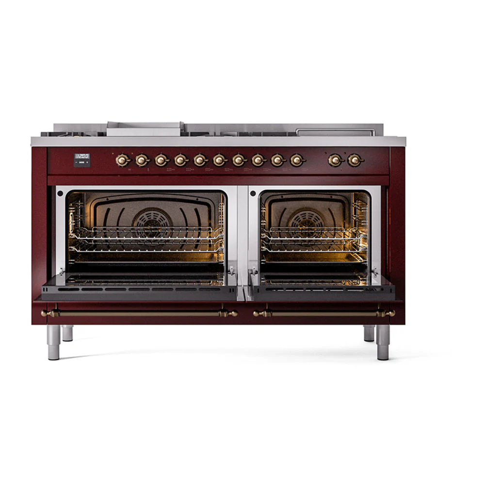 ILVE 60-Inch Nostalgie II Noblesse Natural Gas Dual Fuel Range with 7 Sealed Burners, Gridlde, French Top, and Solid Door Oven in Burgundy with Bronze Trim (UN60FSQNMPBUB) - Image 2